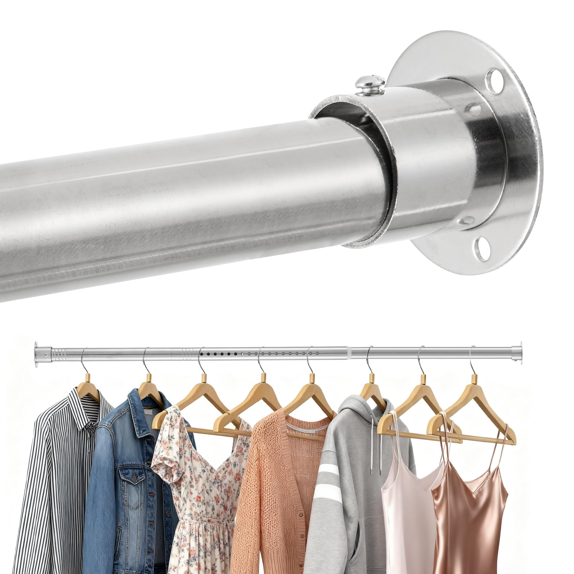 Photo 1 of 1.3 Inch Diameter Closet Rods for Hanging Clothes, Heavy Duty Adjustable 17-74 Inches Matte Silver Clothes Rod, Hanging Bar for Closets, Wardrobes, Bathrooms & Windows, Easy to Install