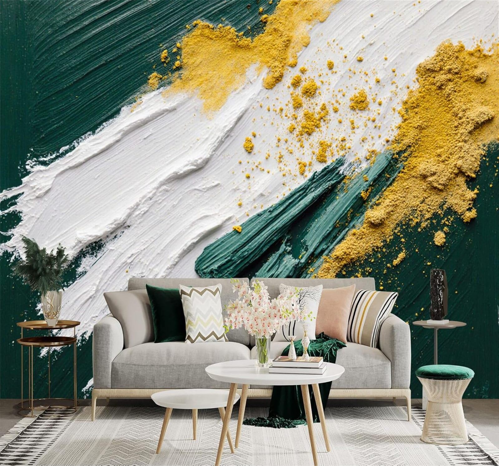 Yuemingdi 400Cm×280Cm(B×H) 3D Wallpaper Abstract Hand Painted Dark Green White Gold Art