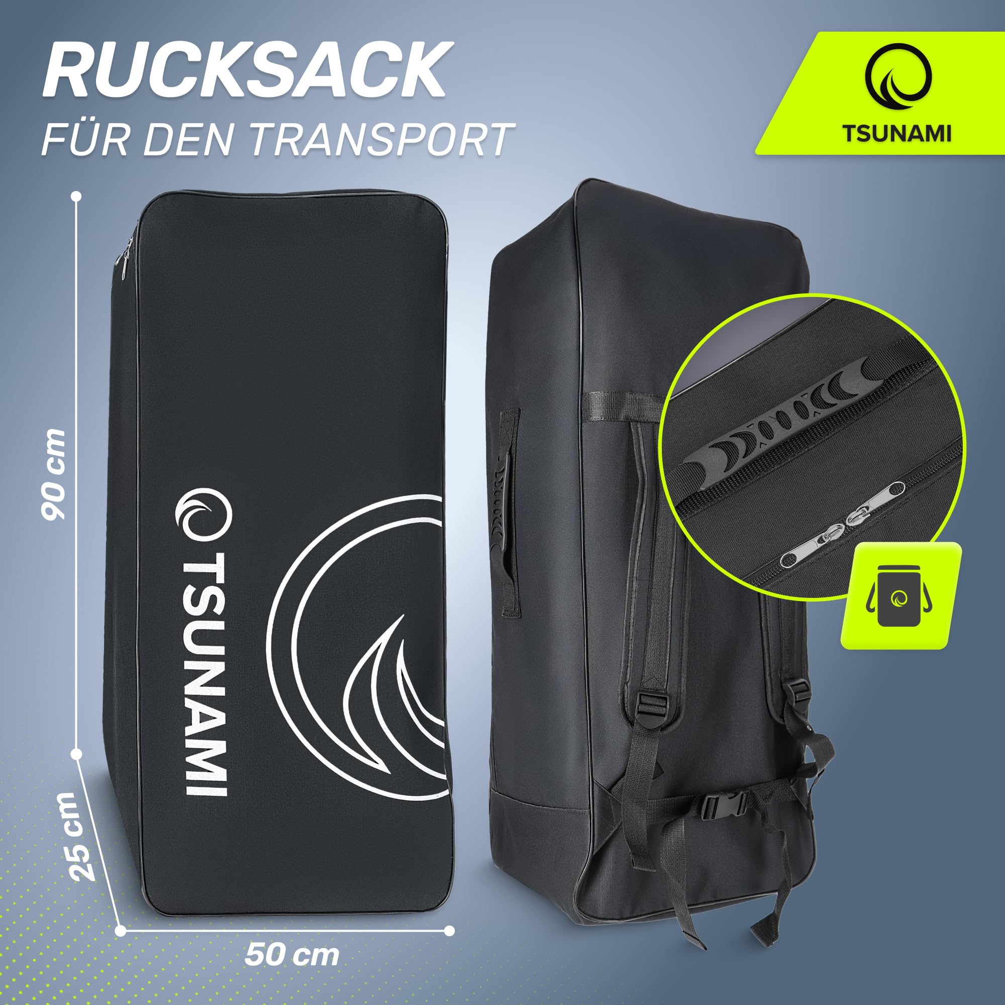 TSUNAMI Stand Up Paddling Board Model T, SUP-Board mit Komplettes Zubehör, Board-Tasche, Pumpe und Sicherheitsleine, Tragkraft bis 150kg, Länge 350 cm, für Erwachsene und Jugendliche Aller Niveaus