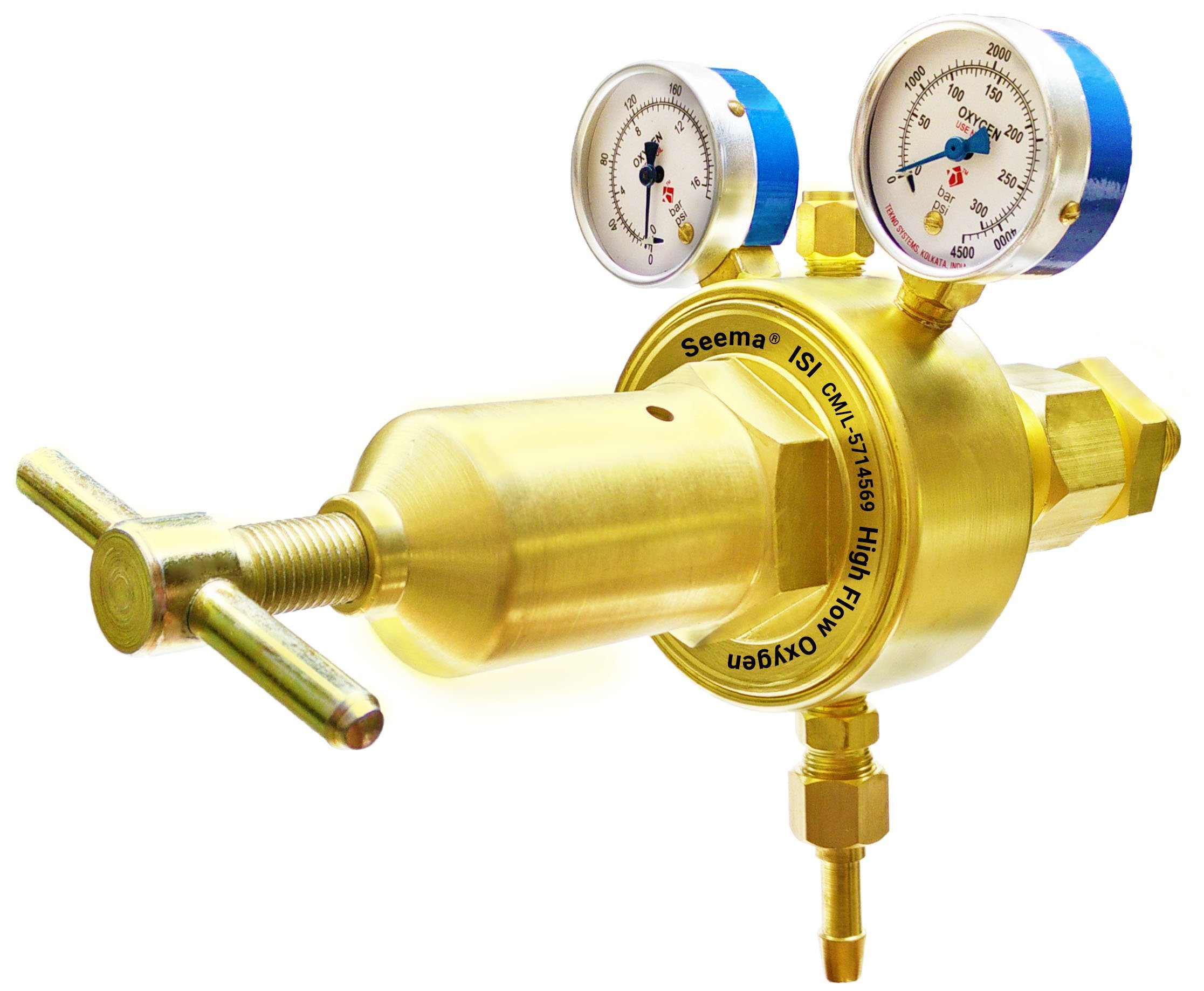SEEMA® Single Stage Double Gauge High Flow Oxygen Gas Pressure Regulator(ISI Certified) (IOX 14)