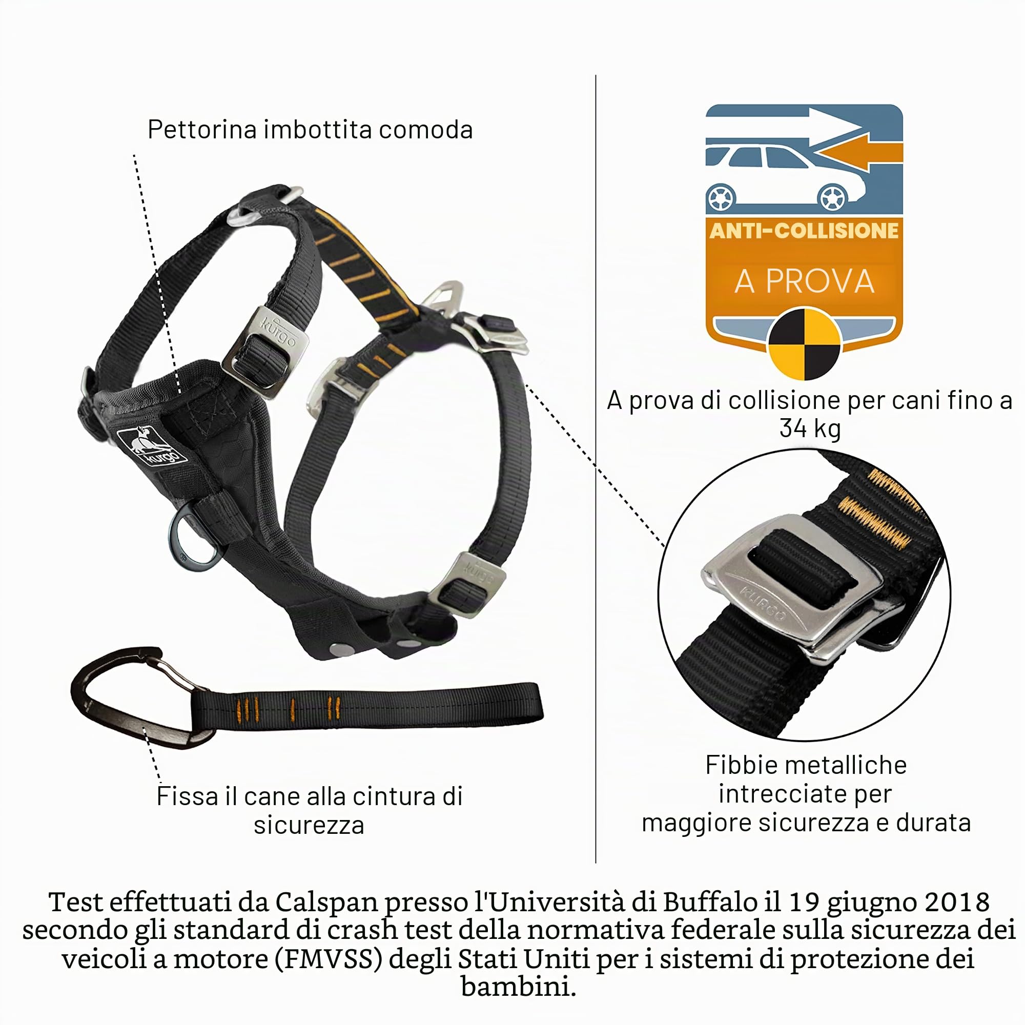 Kurgo Pettorina da auto per cani Tru-Fit per maggiore resistenza, imbracatura di sicurezza da viaggio per animali domestici, vestibilità certificata Crash Test, regolazione a cinque punti, fibbia di | Regolazione a Cinque Punti, Fibbia di Sicurezza