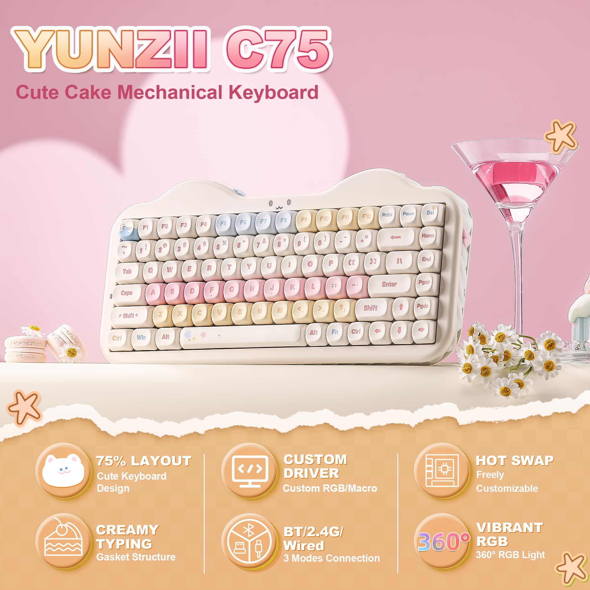 YUNZII C75 75% RGB Kabelloses Mechanisch Gaming Tastatur, BT5.0/2.4G/USB-C Hot Swap NKRO Gasket Mount Beige Milk V2 Switch