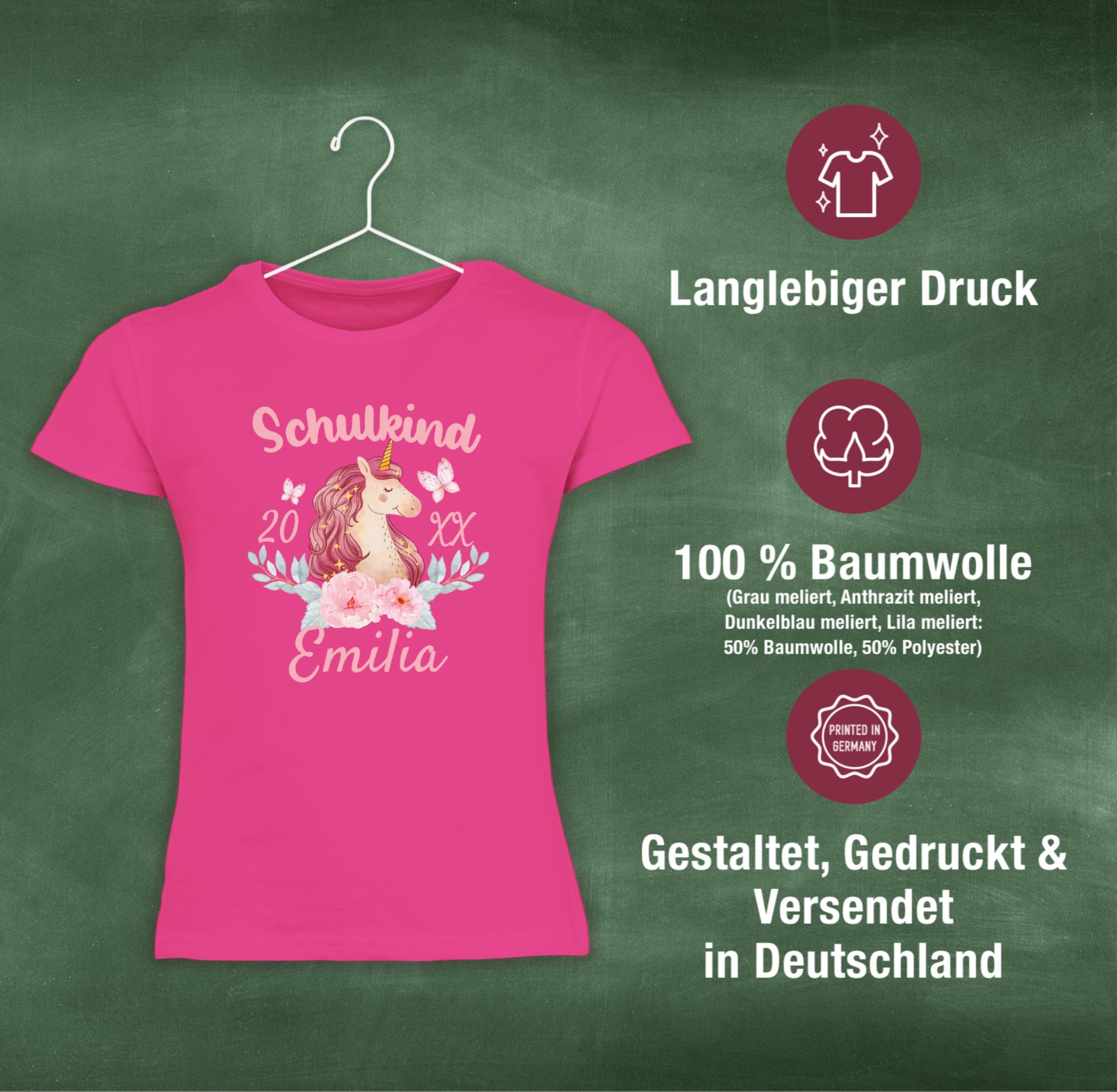 Geschenk mit Namen personalisiert by Shirtracer - T-Shirt Mädchen - Einschulung - Schulkind Einhorn 2026
