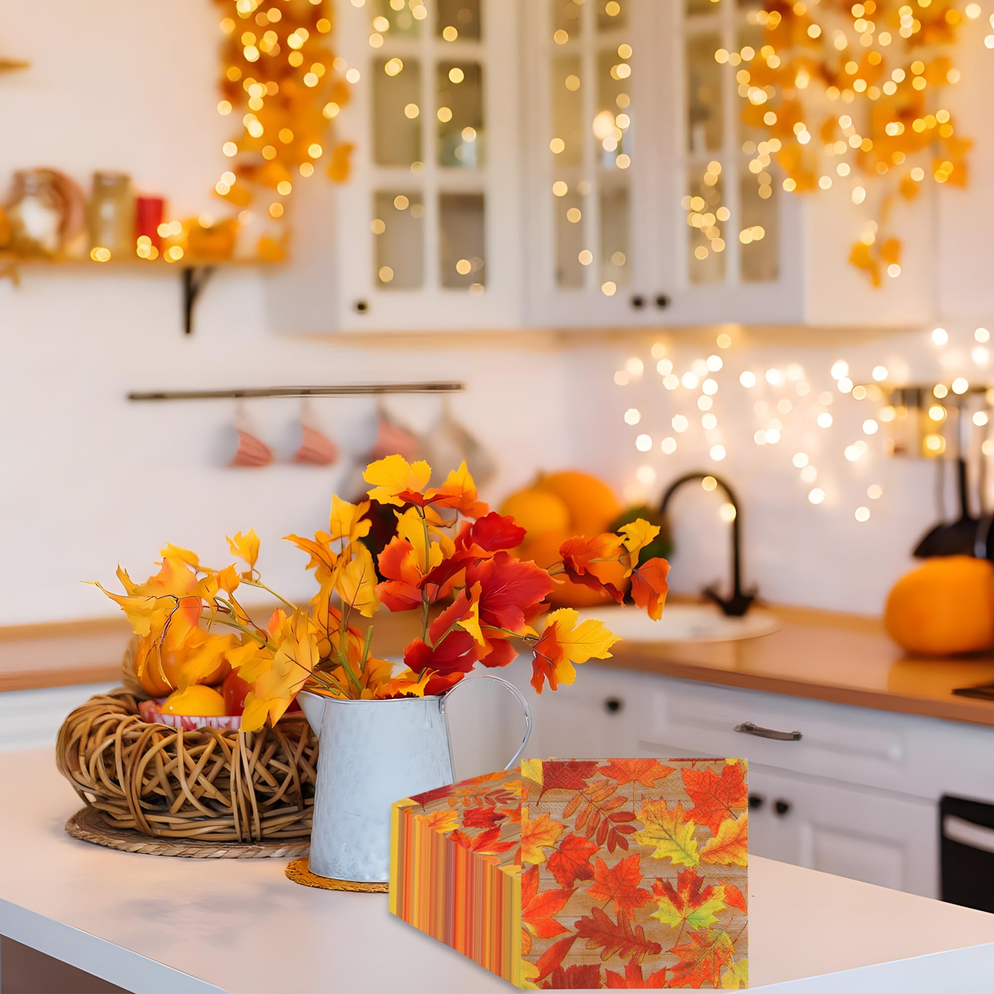 100 servilletas de cóctel de otoño, servilletas de papel de hojas de otoño, 3 capas, desechables, hojas de arce, servilletas de fiesta, servilletas decorativas para cena de Acción de Gracias,