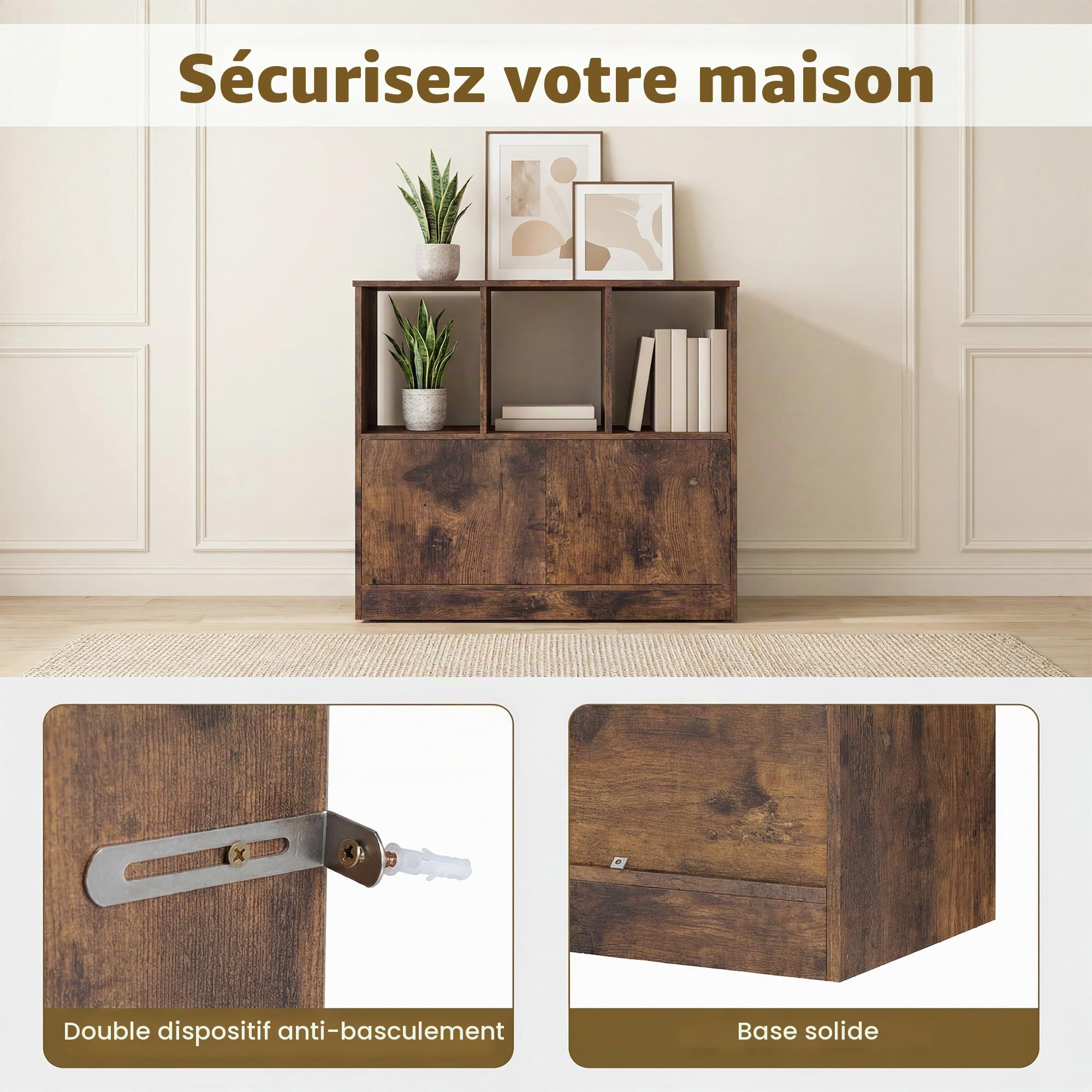 KOMFOTTEU Bibliothèque Bois, Armoire à 2 Porte & 3 Étagères Ouvertes Marron