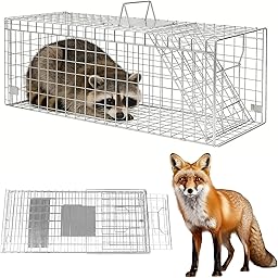 Humane Live Animal Trap Cage, 43" ×16" ×17.7" Collapsible Heavy Duty Raccoon Trap Animal Cage, Easy to Set and Release Live Trap, for Dogs, Foxes, Coyotes, Raccoons and Similar-Sized Animals, Silver
