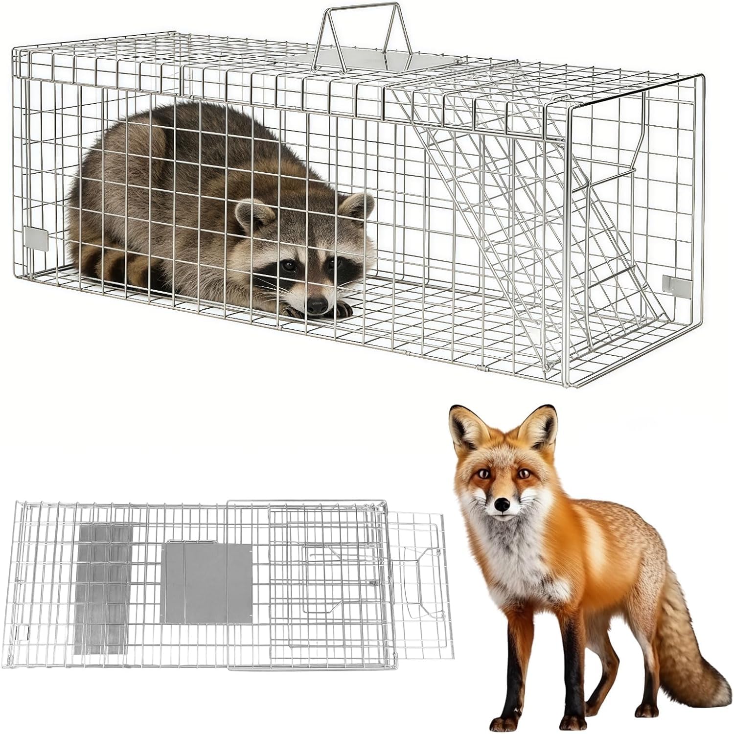 Humane Live Animal Trap Cage, 43" ×16" ×17.7" Collapsible Heavy Duty Raccoon Trap Animal Cage, Easy to Set and Release Live Trap, for Dogs, Foxes, Coyotes, Raccoons and Similar-Sized Animals, Silver