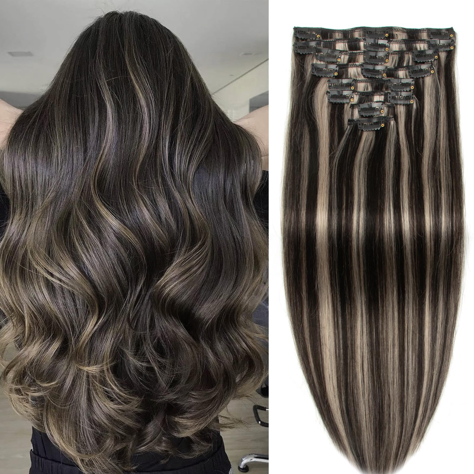 Clip in Hair Extensions Real Human Hair Clip-in Hair Extension 3.6oz/100g Clip ins 100% Brazilian Remy Human Hair for Women Straight 8pcs with 18 Clips (20 Inch #1BGREY Natural Black to Grey)
