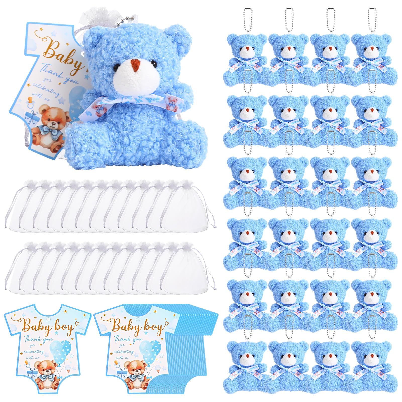 Vertintong 25 Set Mini Bears for Shower Tiny Bear Bulk 4.72 Inch Stuffed Bears Keychain with Thank You Tag and Organza Bag for Bear Party Favor