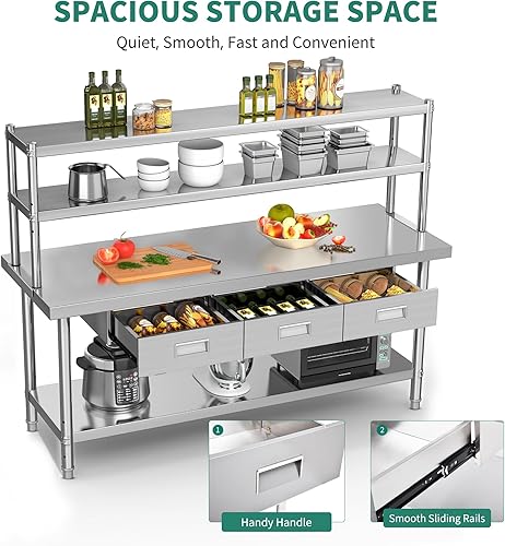 Miniatura 5 de YITAHOME Mesa de acero inoxidable de 72 x 24 pulgadas con estantes y cajones, mesa de trabajo con estante de 72 x 12 pulgadas y 3 cajones, mesa de