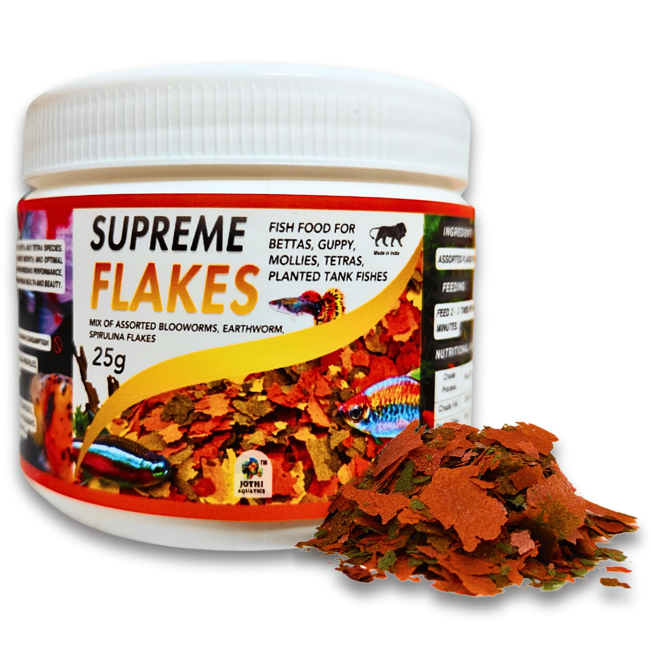 Jothi Aquatics Supreme Flakes 25g Fish Food | 60% Max Protein | Bloodworm, Spirulina & Earthworm Mix | High Growth & Color | for Bettas, Guppy, Tetra & All Small Aquarium Tropical Fishes