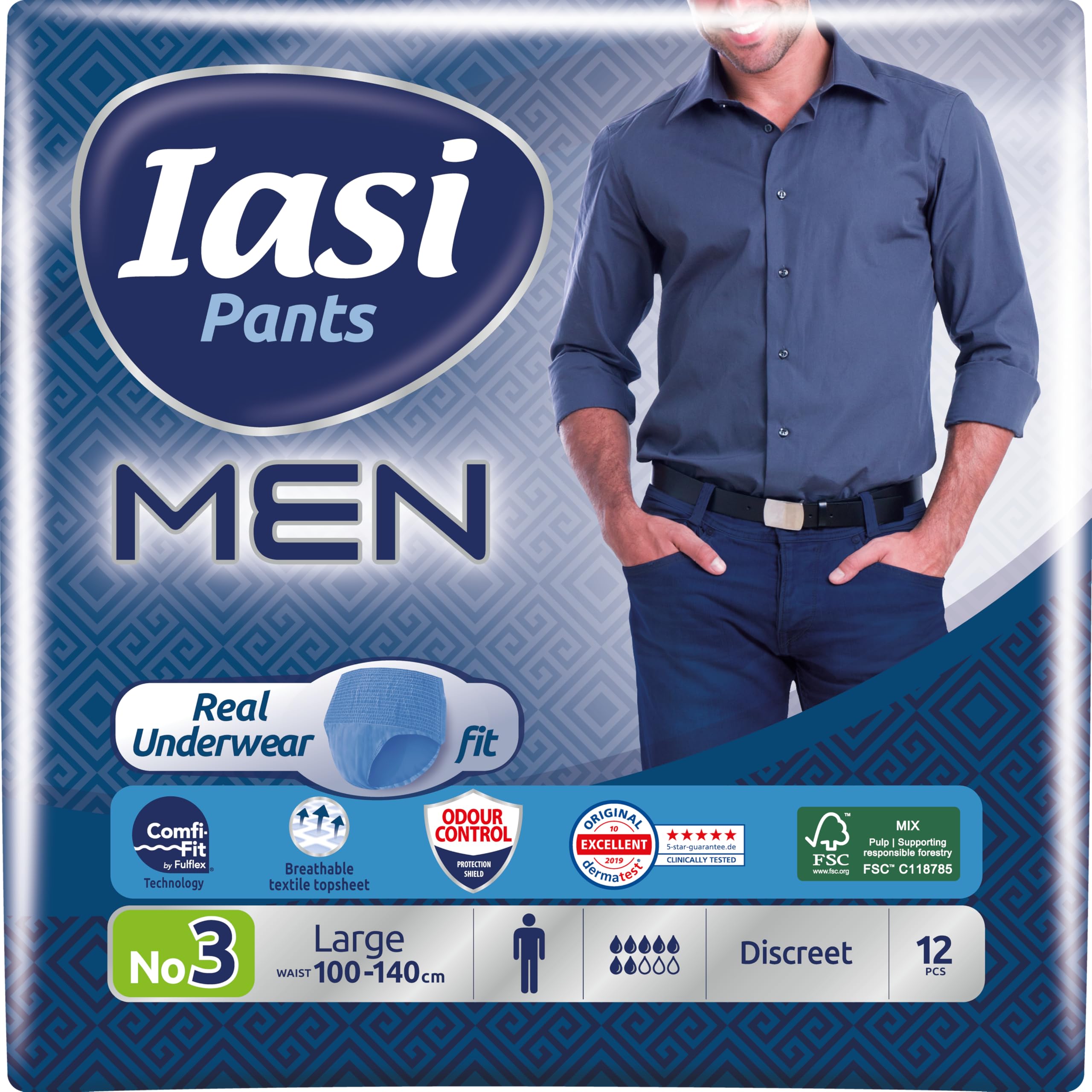IASI Pants MEN, 12 Boxer Assorbenti monouso per Perdite Urinarie, Taglia L da Uomo, Elasticizzati, 12 Unità