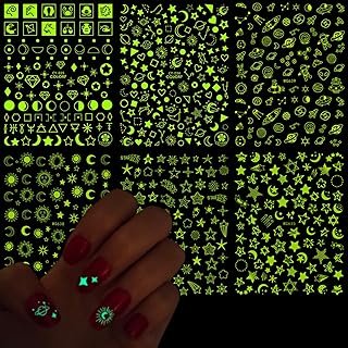 Luminous Nail Art Stickers, Fluorescent Nail Self-Adhesive Decals, Glow in The Dark Nail Art Design, Sun Moon Stars Love Heart Nail Sticker Decoration for Women Girls Manicure 3D Nail Decal(6 Sheets)