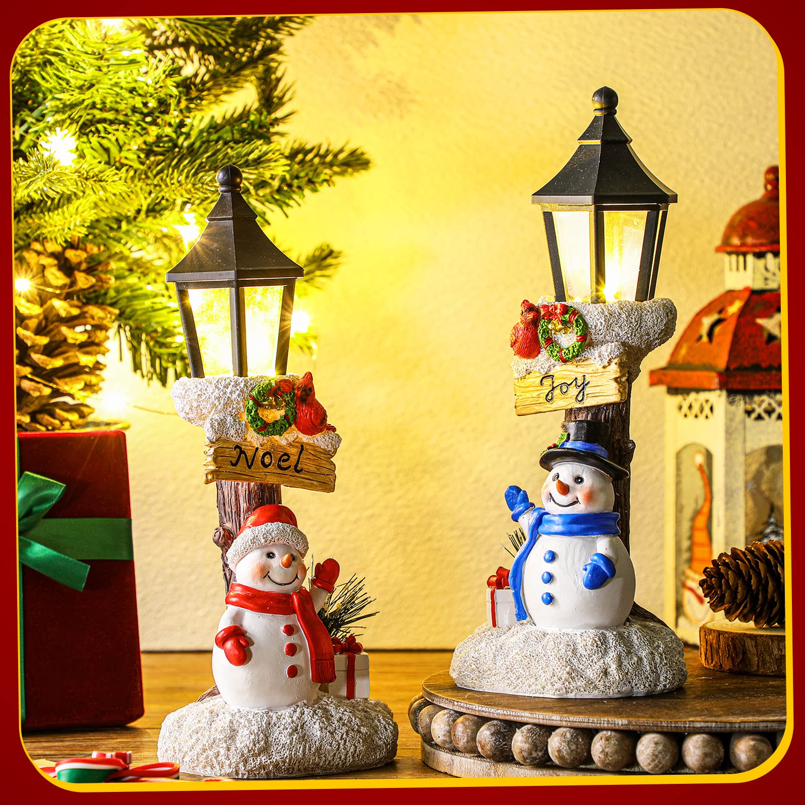 2 Pack Christmas Light Table Decorations Red Cardinal LED Lamppost Tabletop Statue Snowman Tabletop Figurine Christmas Resin Glow Lantern Decor for Home Office Xmas Joy Noel Indoor Holiday Party Decor