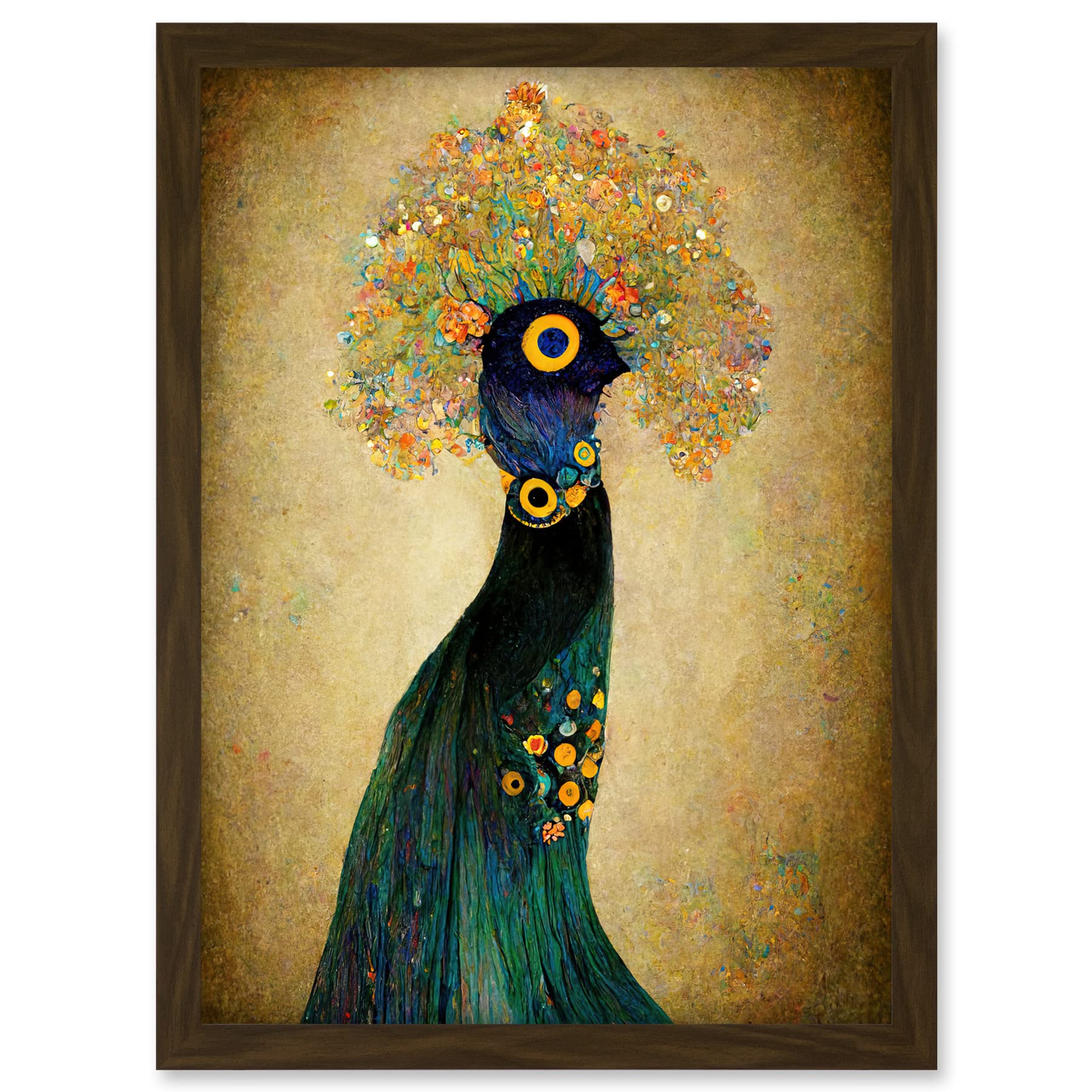 Doppelganger33 LTD Elegant Peacock Portrait In Emerald And Gold Gustav Klimt Artwork Framed A3 Wall Art Print