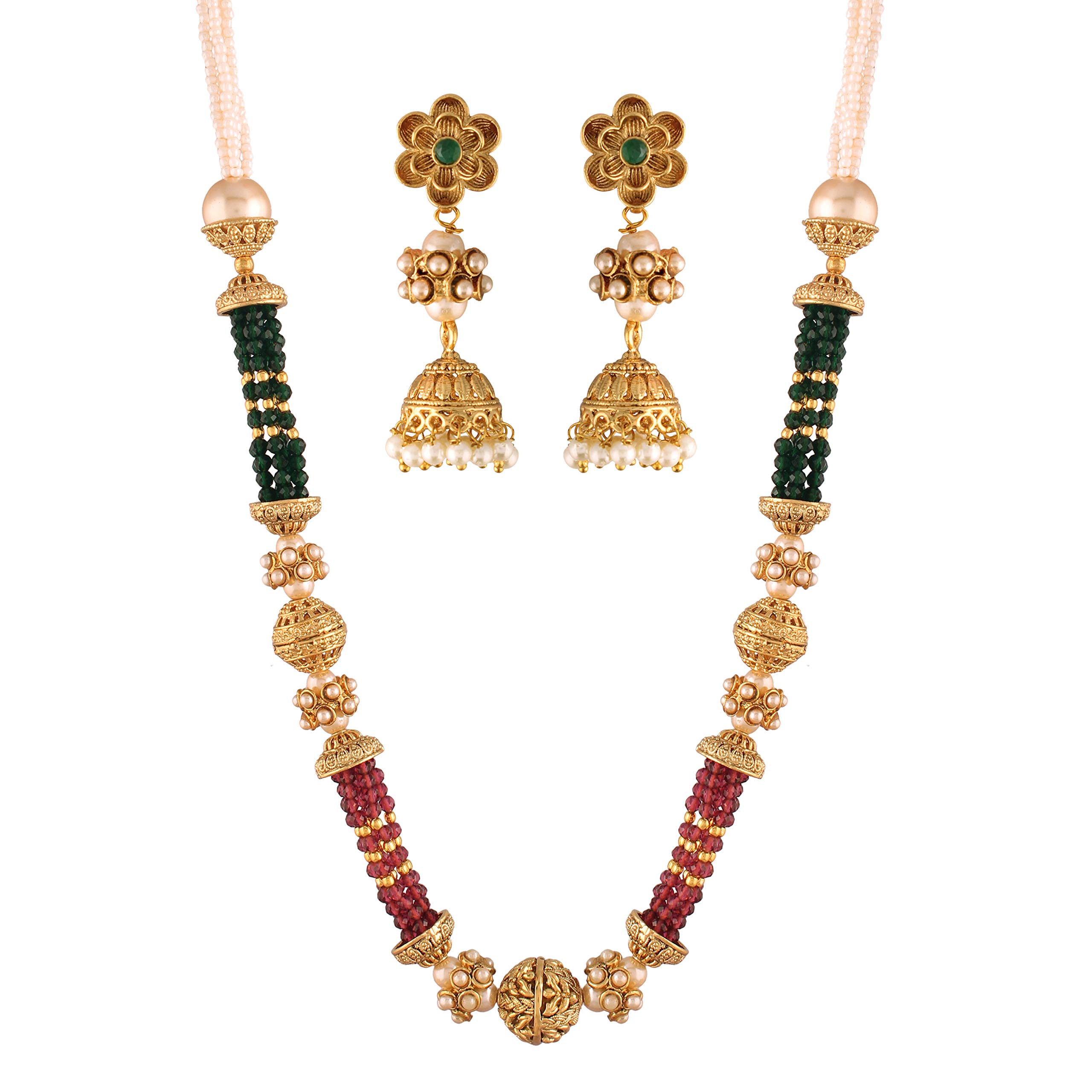 I Jewels Gold Plated Traditional Antique Temple Brass Jewellery Long Pearl Necklace With Jhumki Earrings Set For Women/Girls (MC128-131) (Style-6) (B08YRQK77X) Amazon Price History, Amazon Price Tracker