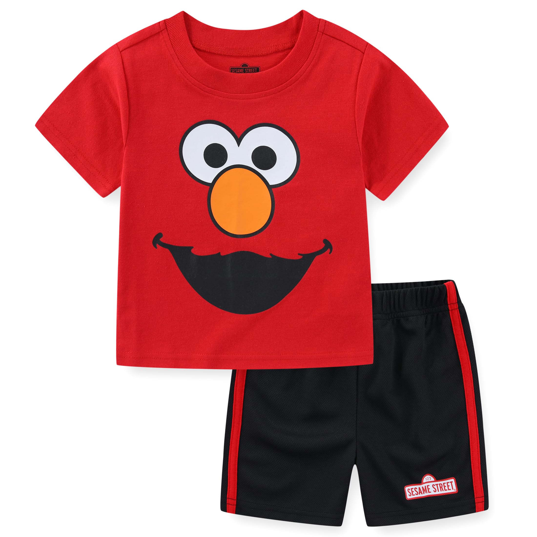 Sesame Street Boys’ Elmo and Cookie Monster Tee and Short Set for Infant and Toddler – Red/Blue