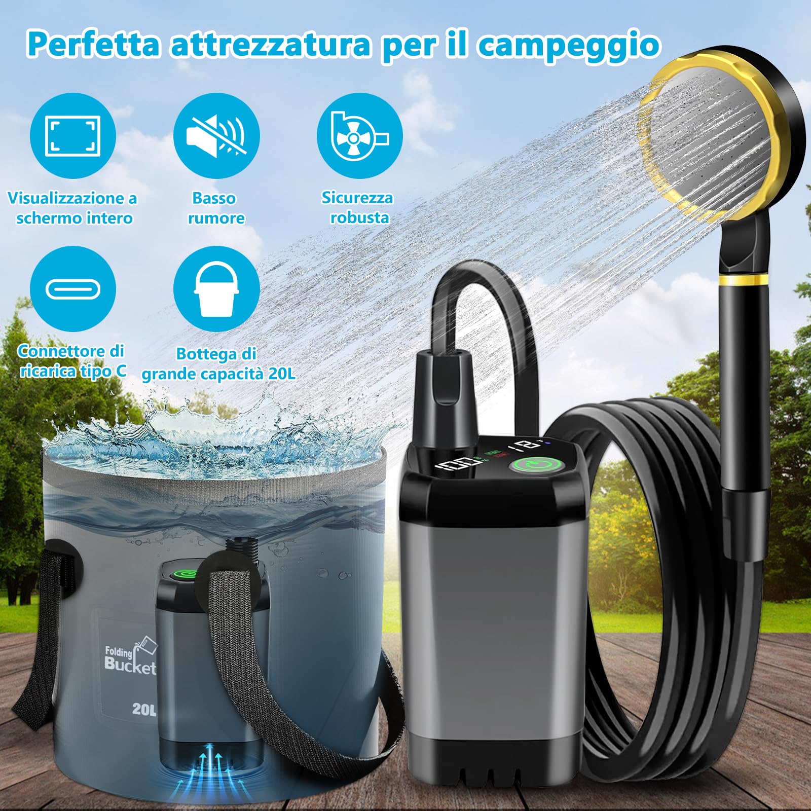 Doccia da Campeggio,Ricaricabile 6000mAh Doccia Ricaricabile Portatile,Doccia Portatile,Doccia Campeggio con Display Digitale a LED e Secchio Pieghevole,per All'aperto,Campeggio,Spiaggia