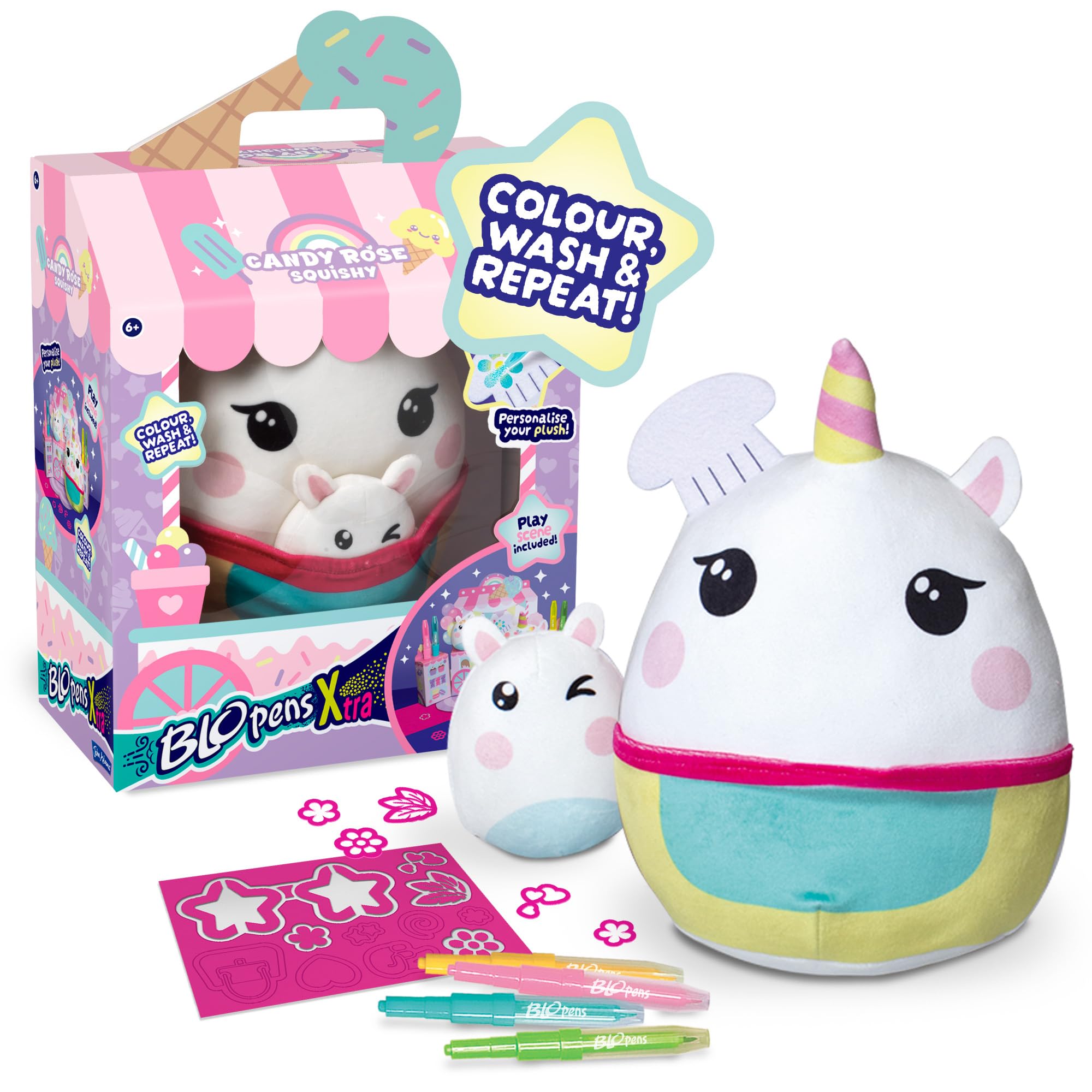 BLOPENS Xtra Candy Rose Squishy | Colour your squishy with airbrush art, then wash and repeat! | Personalise your plush with stencils and BLOPENS | Includes cardboard play scene | Ages 6+