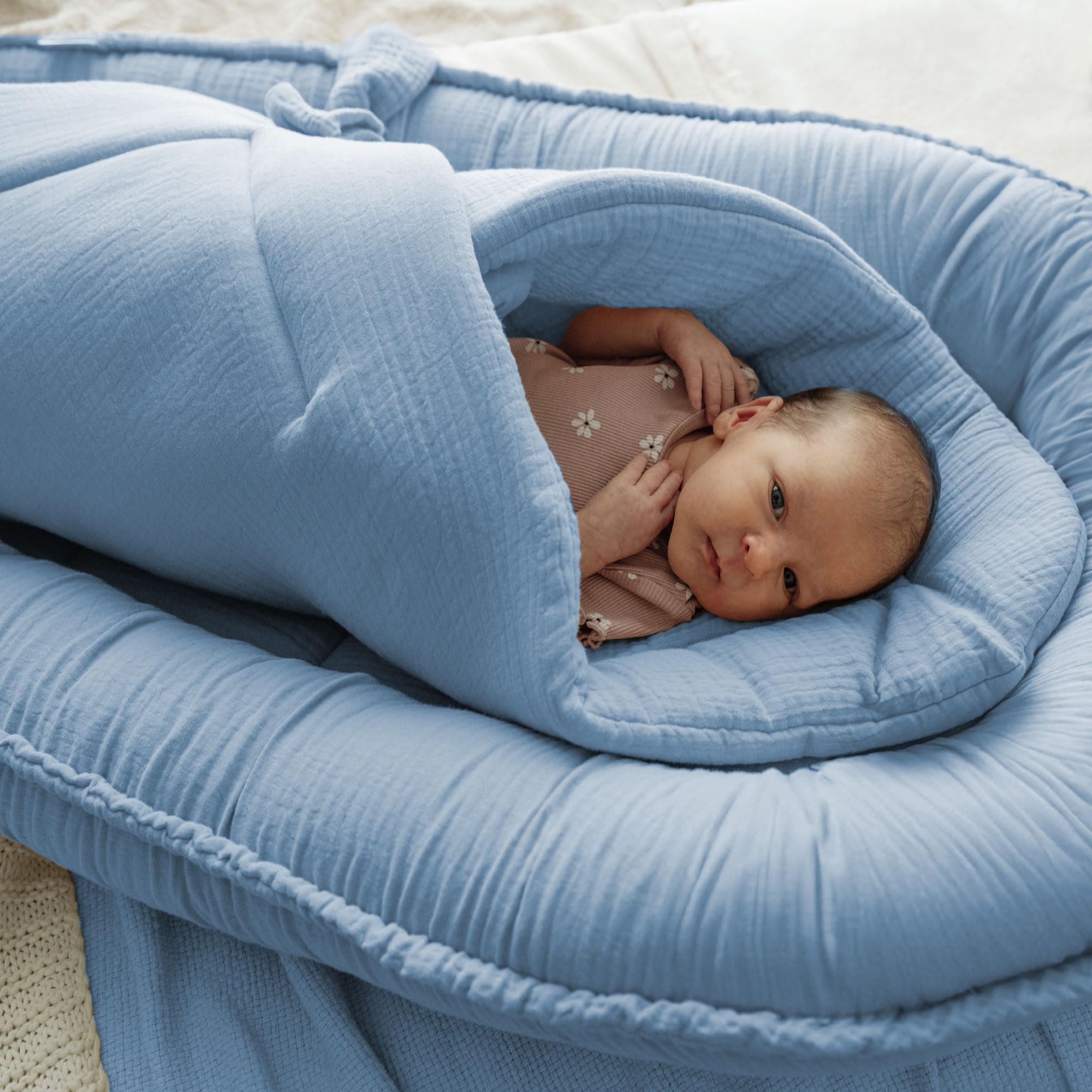 PaLulli Set 2 in 1 per neonati e coperta, 100% mussola, paracolpi per bambini, paracolpi per neonati, nido per bambini (blu)