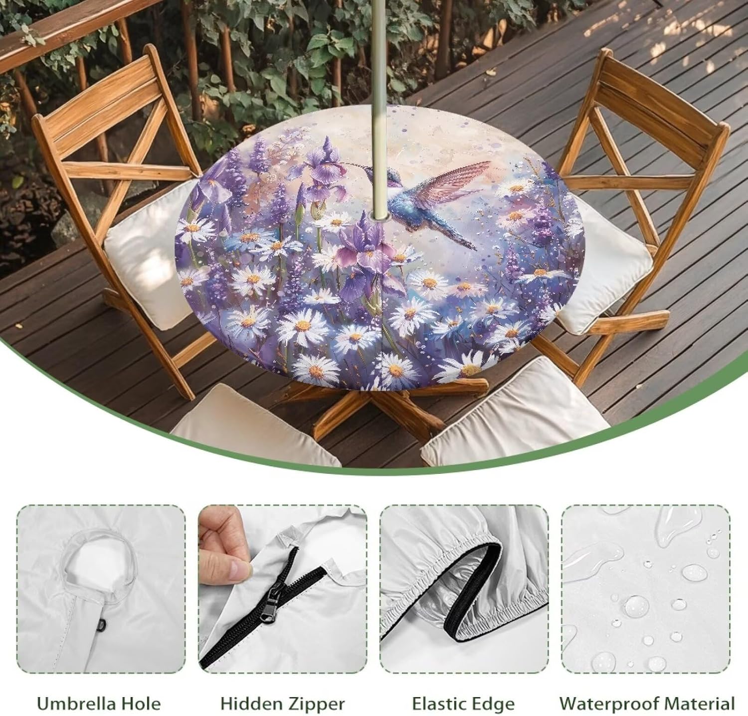 Hummingbird Elastic Tablecloth for Round Tables Lightweight Outdoor Fitted Tablecloth with Umbrella Hole and Zipper Sandproof Easy to Clean Table Cover for Patio Picnic BBQ Party