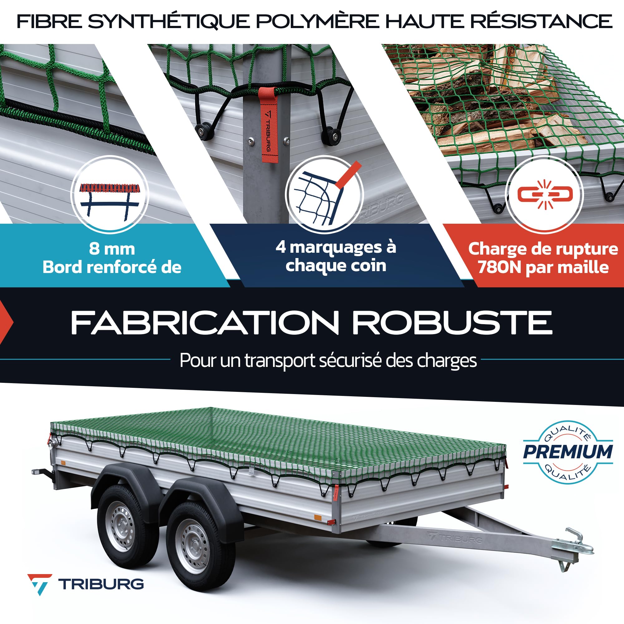 TRIBURG Filet pour remorque 3x6 avec marquage des Angles et renforcement des Bords - Filet pour remorque avec élastique de Tension pour Une sécurisation optimale du Chargement
