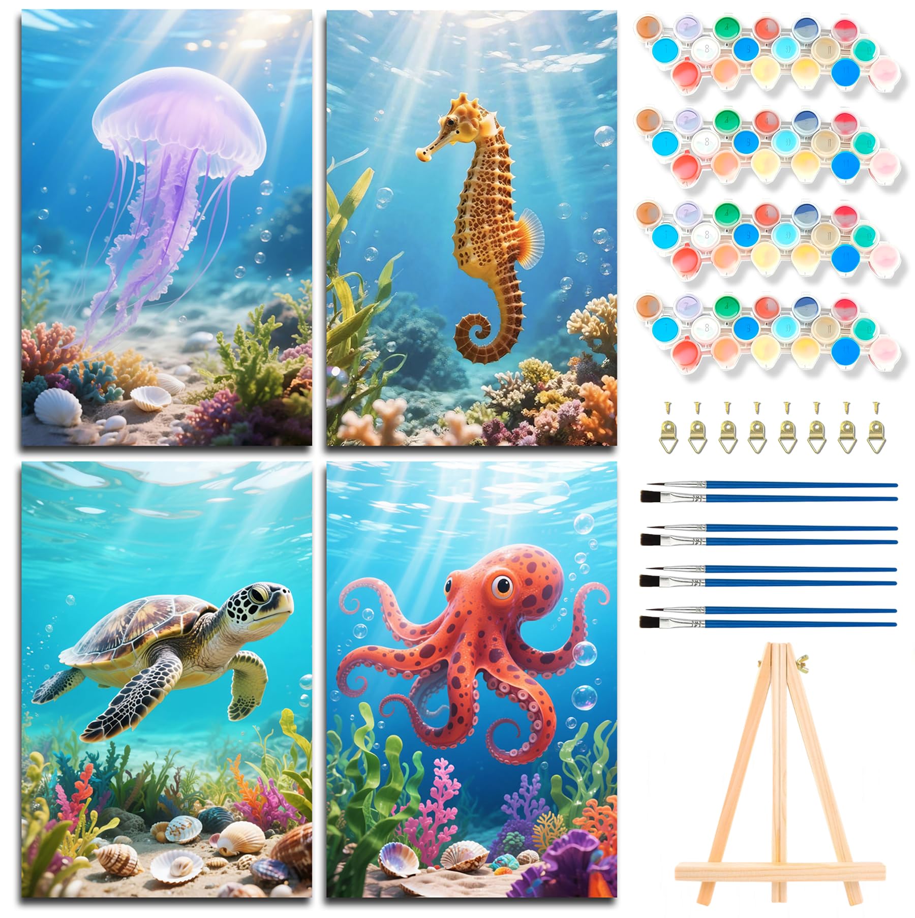 Fokenzary Kit de Pintura por Números para Adultos DIY Tortuga Marina Animal Marino Lienzo Conjunto para Principiantes con Caballete y Pinturas Acrílicas con Marco (20x30cm x 4pcs)