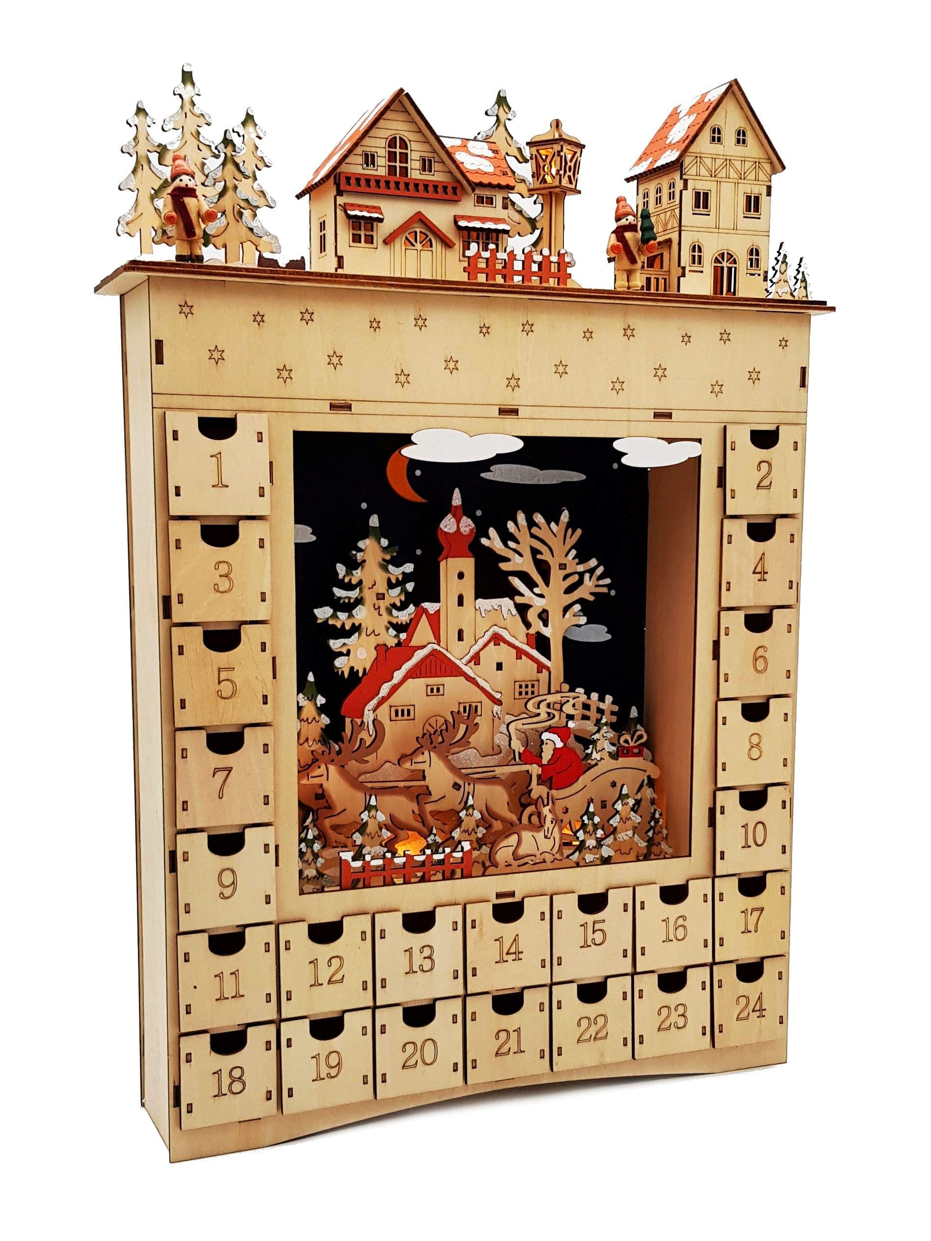 Wichtelstube-Kollektion Adventskalender 2025 zum Befüllen, Adventskalender Holz mit Großen Schubladen, Handgefertigt aus Echtholz, LED Beleuchtung, Timer-Funktion, Batteriebetrieben, 3D Effekt
