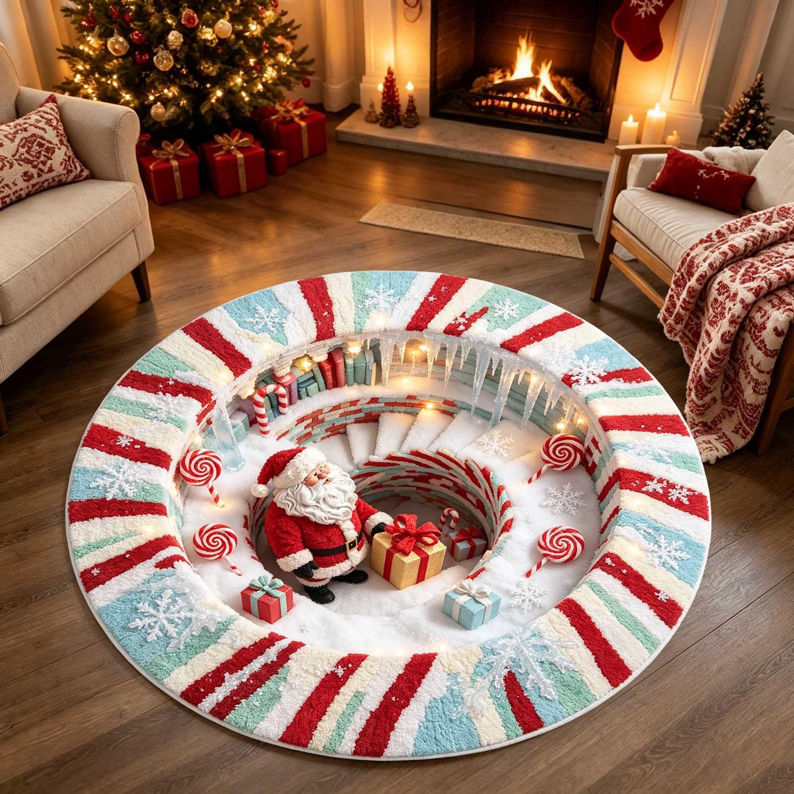 3D Christmas Rug, Rugs For Living Room Optical Illusion, Christmas Door Mat, Round Outdoor Rug, Santa Claus Decorative Rugs Welcome Floor Mat For Living Room Home Gifts