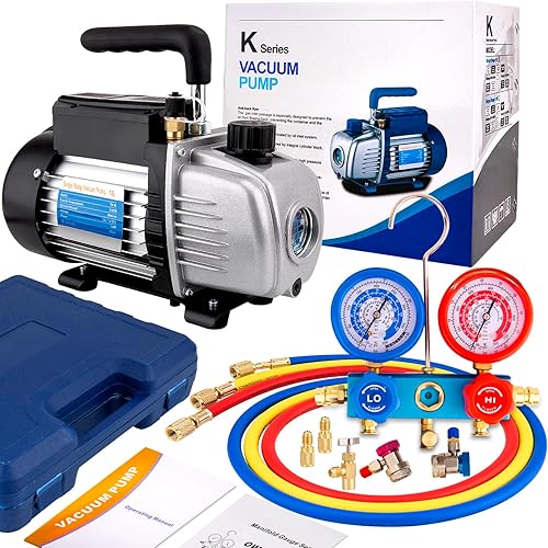 Bomba de vacío HVAC AC Bomba de vacío y medidor conjunto de bomba de vacío de paleta giratoria de una sola etapa y kit de manómetro de colector de