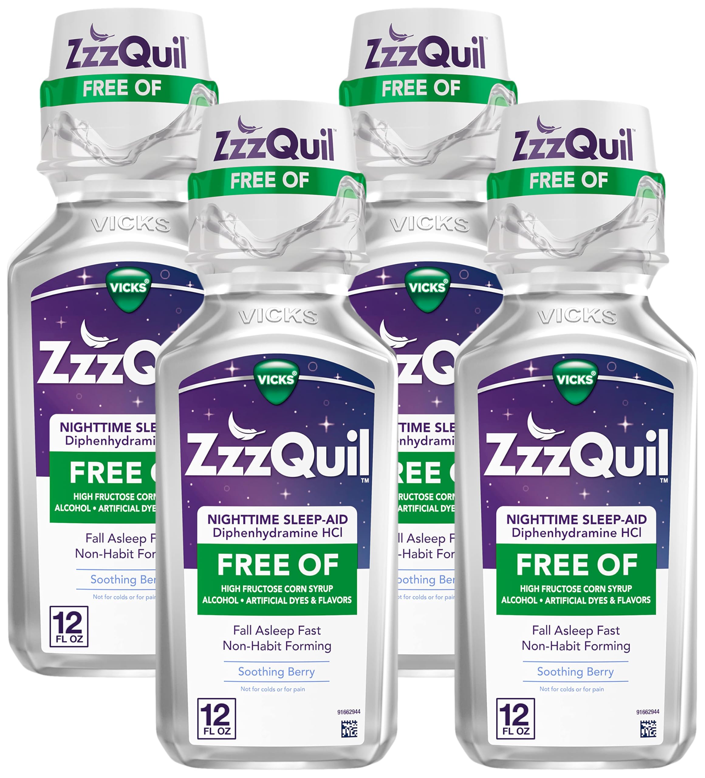 ZzzQuil, Nighttime Sleep Aid Liquid, FREE OF Alcohol & Artificial Dyes, 50 mg Diphenhydramine HCl, No1 Sleep Aid Brand, Fall Asleep Fast, Non-Habit Forming, Soothing Berry Flavor, 12 FL OZ (Pack of 4)