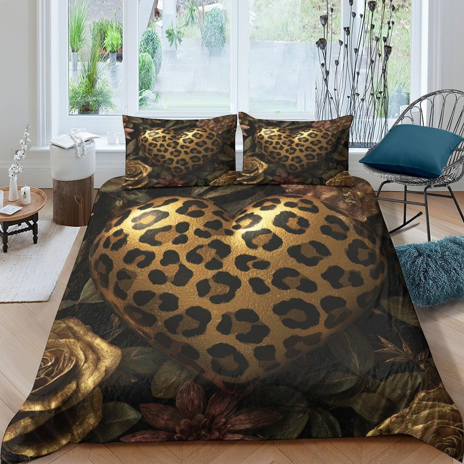 Stampa 3D Leopard heart Fodera per copriletto Microfibra Biancheria per letto Con federa Duraturo Glamorous decorative Copertura per letto Morbido per single giovani coppie Super king（260x220cm）