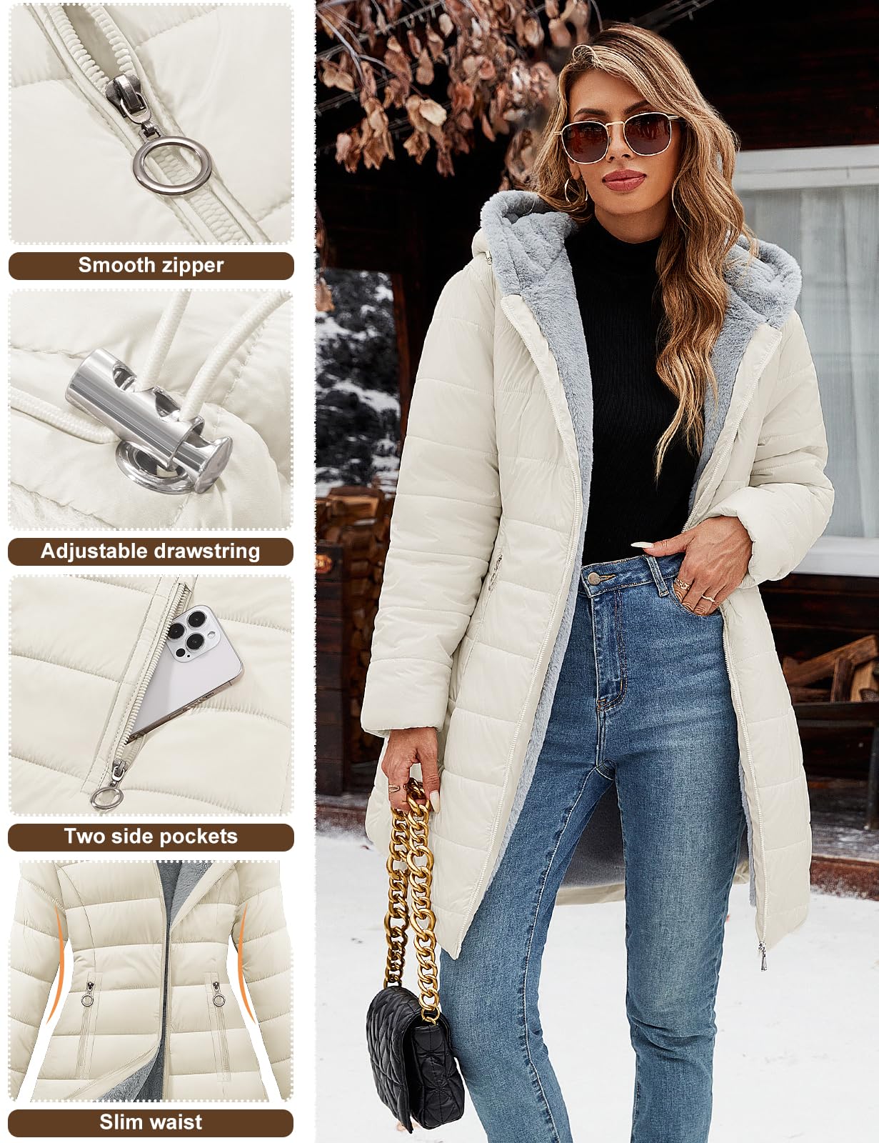 CMTOP Chaqueta Mujer Invierno Cálido Abrigo Acolchado Mujer Forro Polar Chaqueta Cremallera Largo con Capucha Termico Abrigo Casual Elegante Cazadora Hoodie Parka con Bolsillos