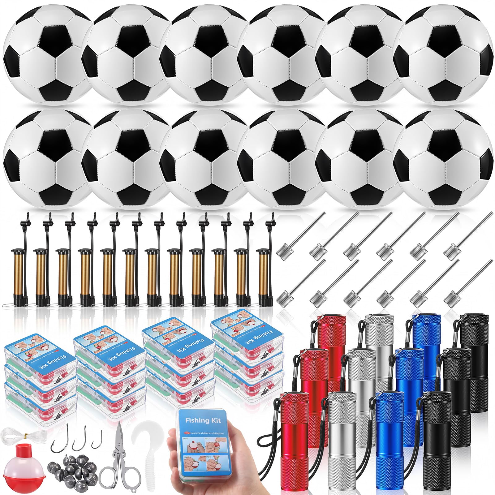 Soulchen Confezione da 36 articoli per donazioni di beneficenza cristiane, include 12 set di palline da calcio sgonfiate di dimensioni 5 con pompe, 12 mini kit da pesca, 12 mini torcia portatile con
