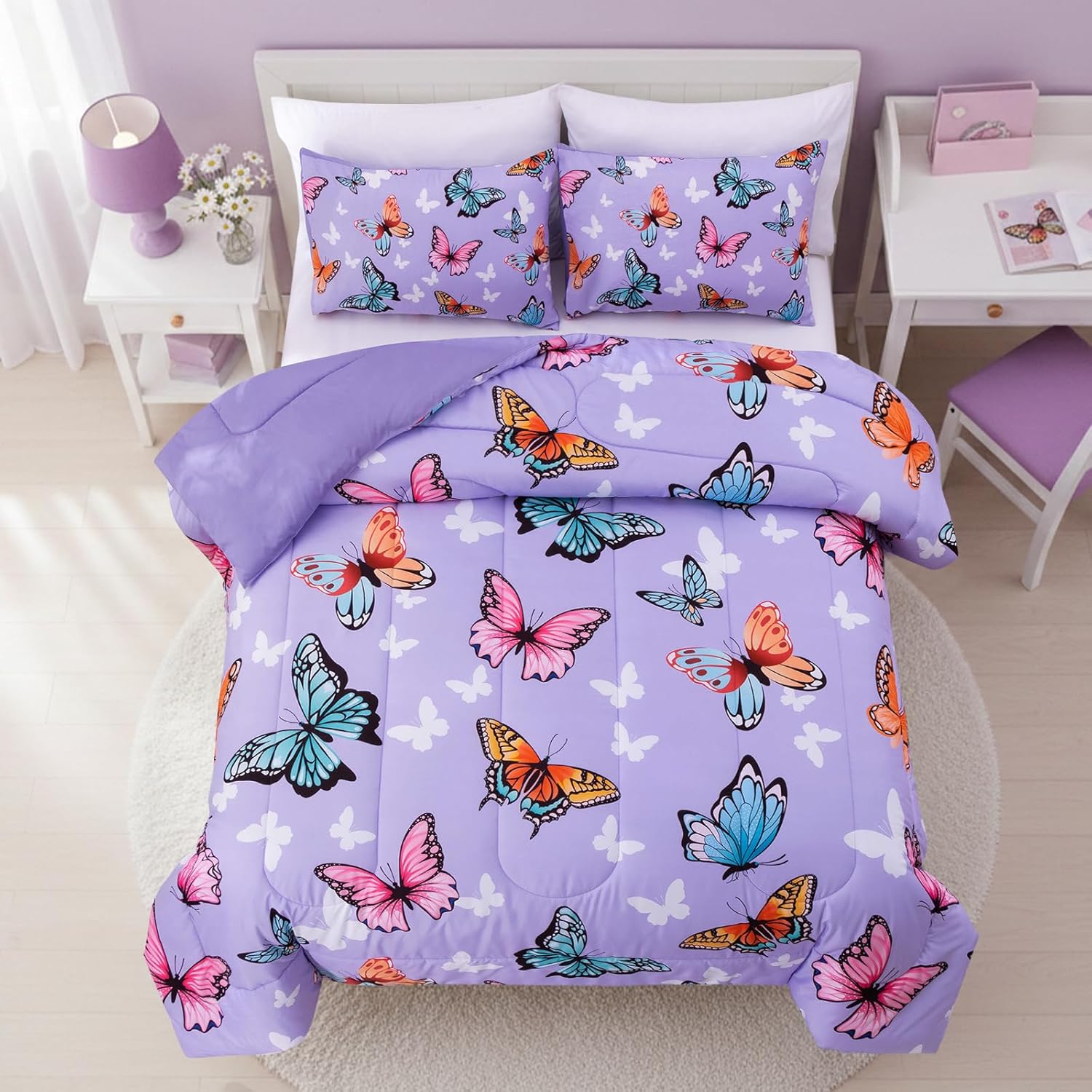 Btargot 3 Piece Butterfly Pattern Comforter Set, Colorful Cartoon Printing Bedding Set for Women Girls, White Purple Twin