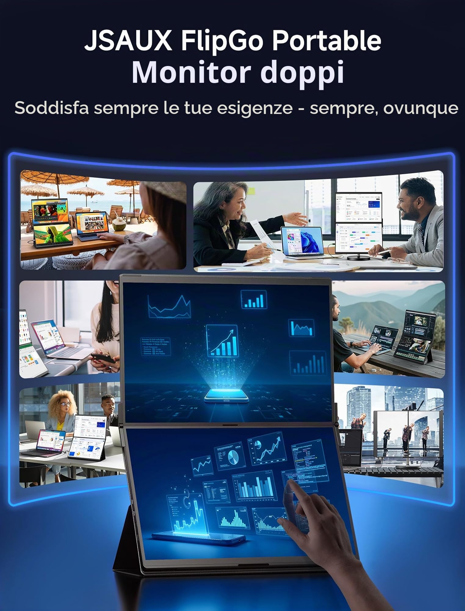 JSAUX FlipGo 16" Touchscreen Monitor Portatile a Doppio Schermo, 2.5K Doppio Estensore di Schermo Portatile, Triplo Schermo Touch Compatibile con Windows, Connessione a cavo unico/Design Magnetico