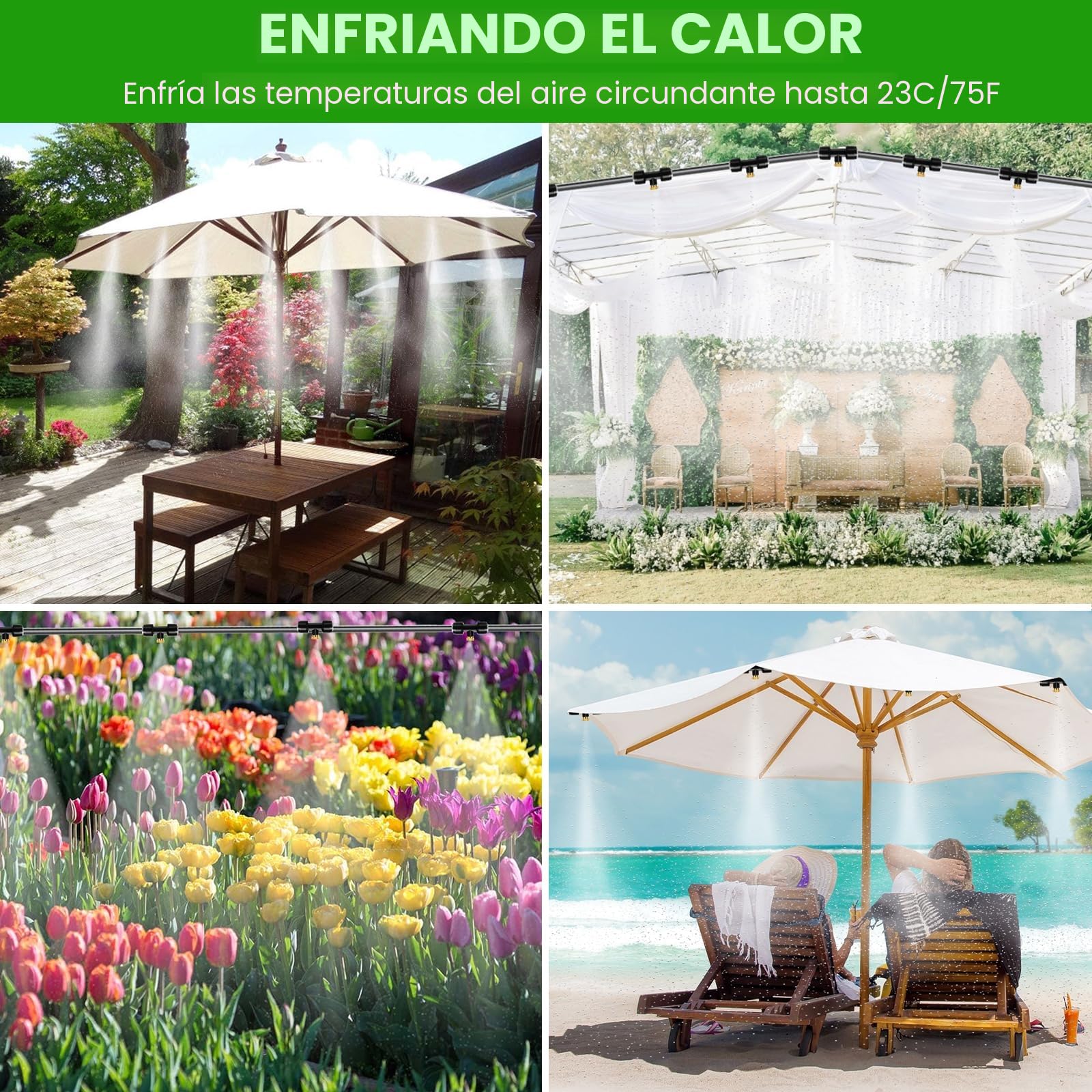 Purpledi 15M Kit Nebulizador Jardín, Sistema de enfriamiento por nebulización, Nebulizador Terraza Exterior con 16 Boquillas de Latón Ajustables para Eventos al Aire Libre，Jardines，Sombrillas y Techos