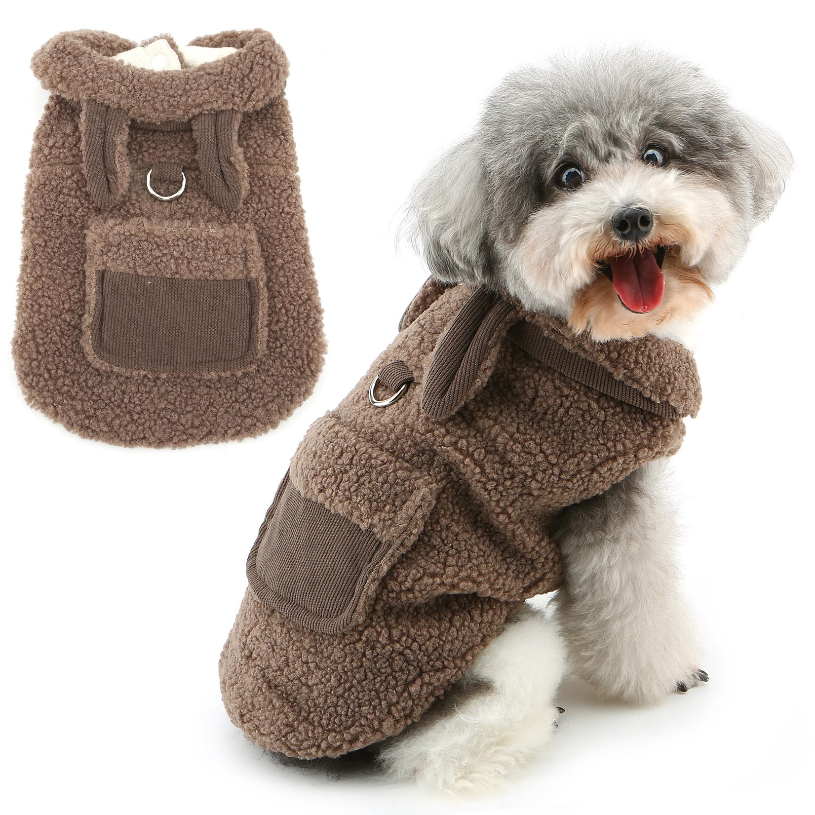 Zunea Fleece Dog Jumpers Jacket Coats for Small Dogs Winter Warm Fluffy Puppy Clothes with D-Ring and Pocket Cute Vest Sweater with Ears Soft Warm Cold Weather Pet Chihuahua Yorkie Apparel Brown XS