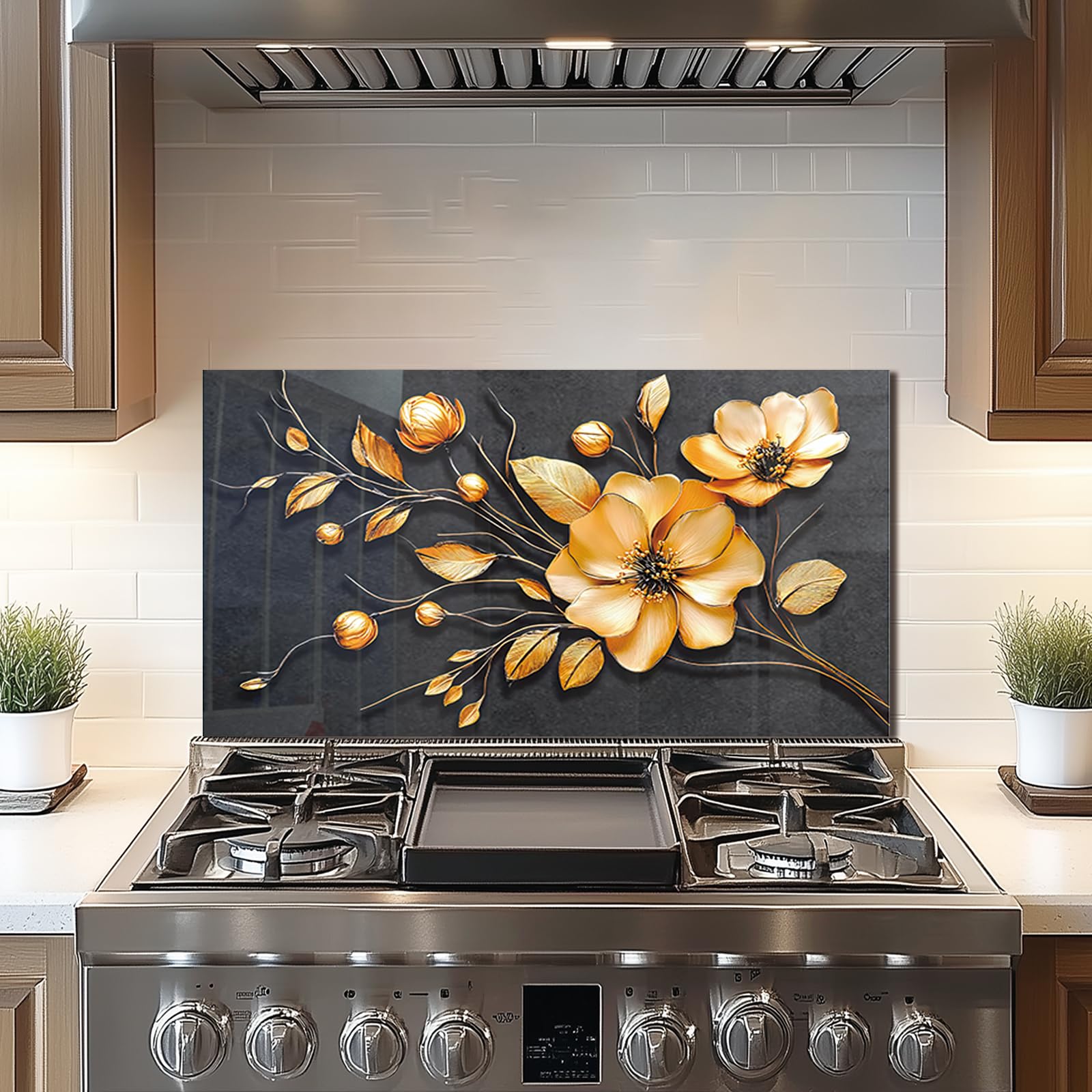 DAIFURONGE Tempered Glass Backsplash For Kitchen Behind Stove,Golden Flower Stove Back Top Cover,Easy to Clean Glass Splashback, Sink Cover Splash Guard,Home Kitchen Wall Decor (30