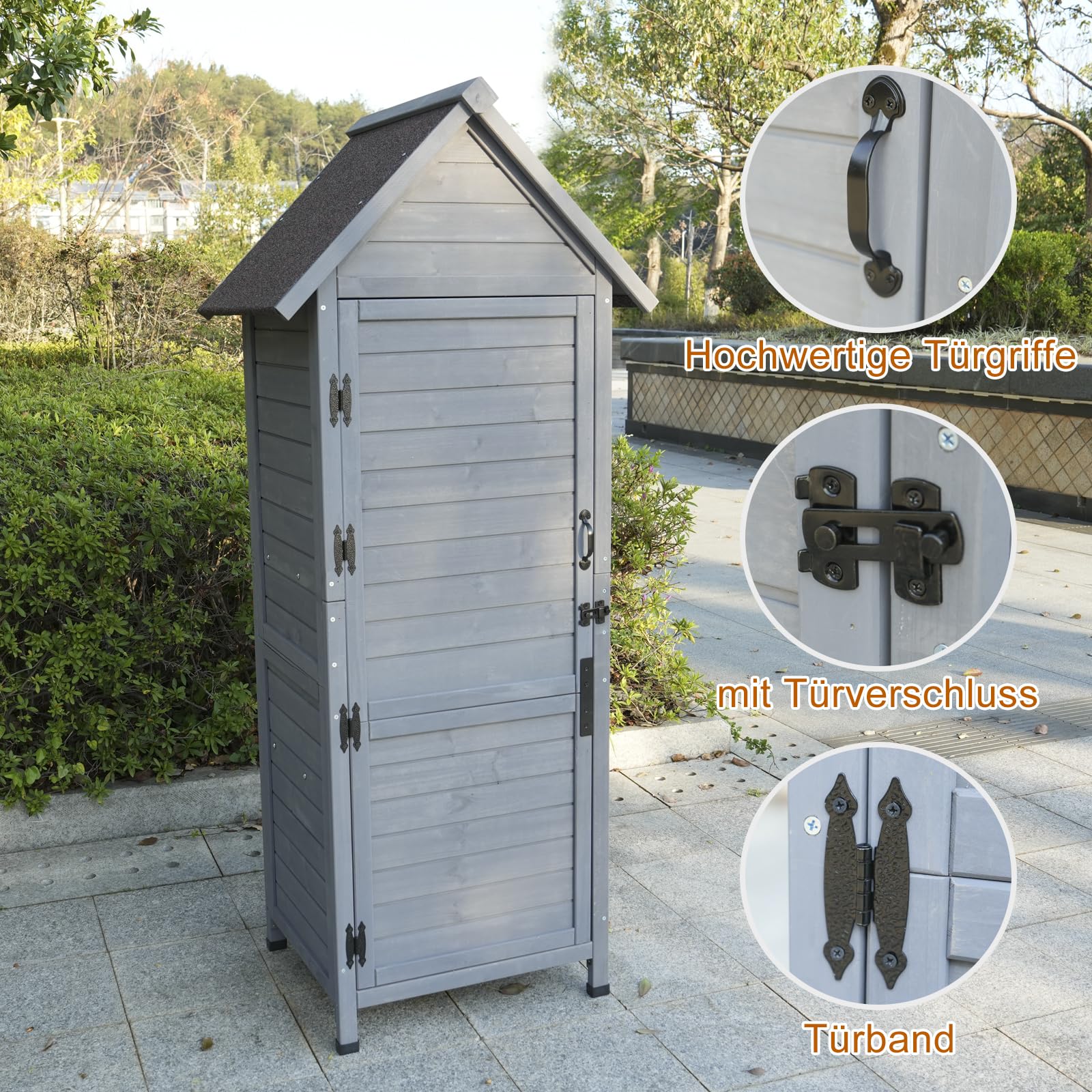 Armoire de jardin d'extérieur grise à 3 étagères, ferrures de porte de haute qualité, toit en asphalte