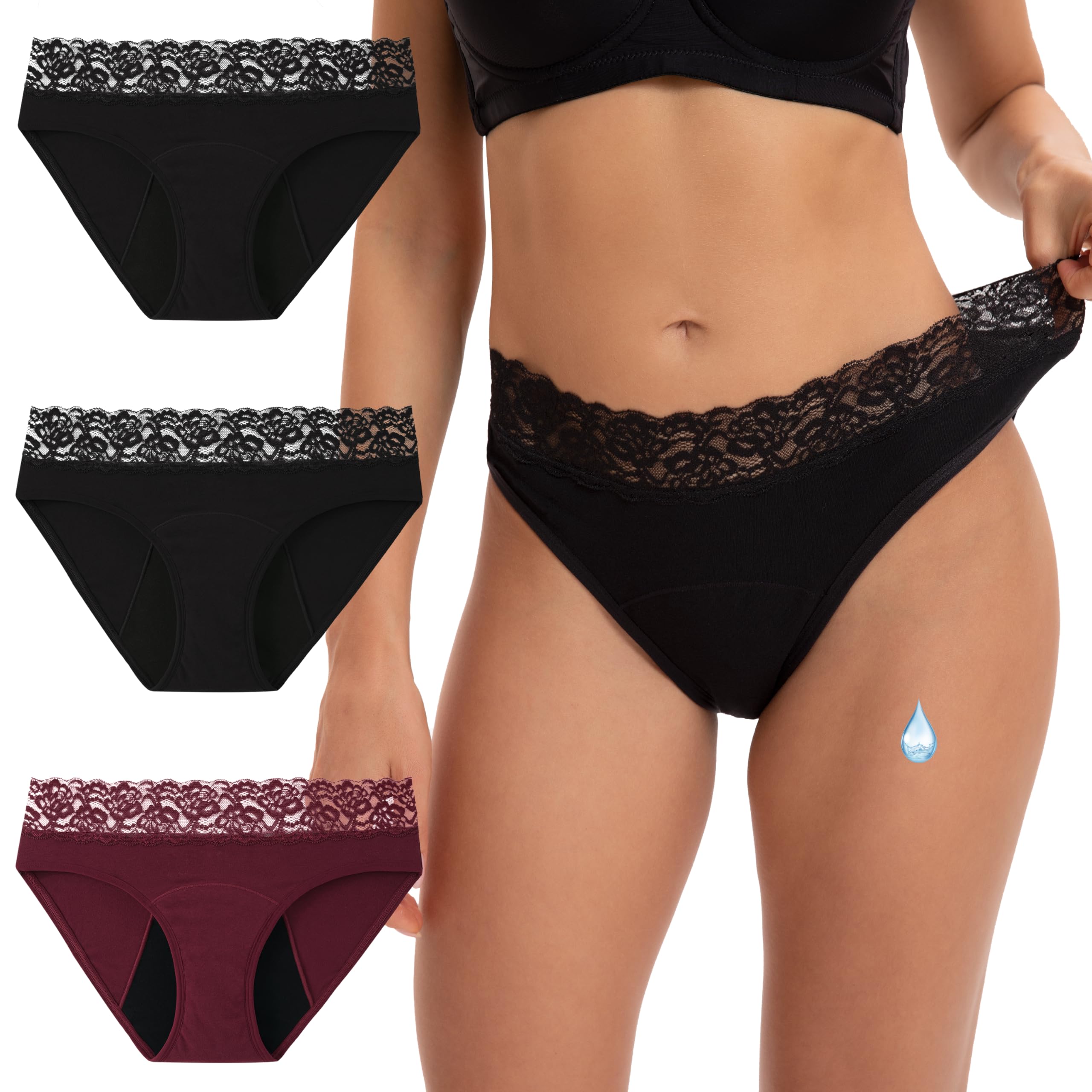 INNERSY Mutande Ciclo Mestruale Flusso Leggero Slip Donna Cotone Vita Media Intimo Pizzo Pacco da 3