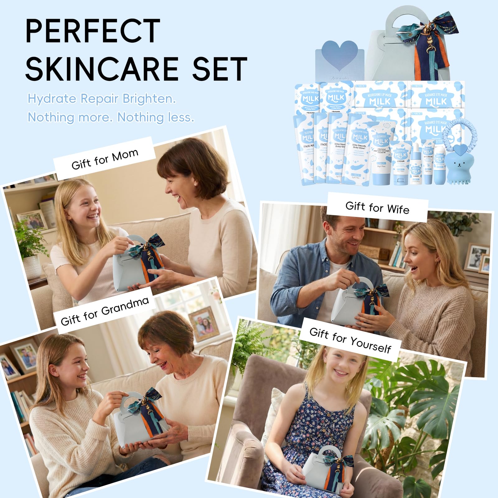LAIKOU Milk Skincare Set, Kit Soins Ado Fille, 18 Pièces Coffret Soin Visage Format Voyage, avec Nettoyante Crème Masque Patch Lèvres Elastique Cheveux, pour Hydratant Nourrissant & Éclat