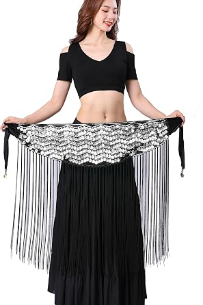 Belly Dancing Tribal Hip Scarf Fringe Belt Skirt with Wave Glitter Sequin for Women Outfit Accessory Dance Costume