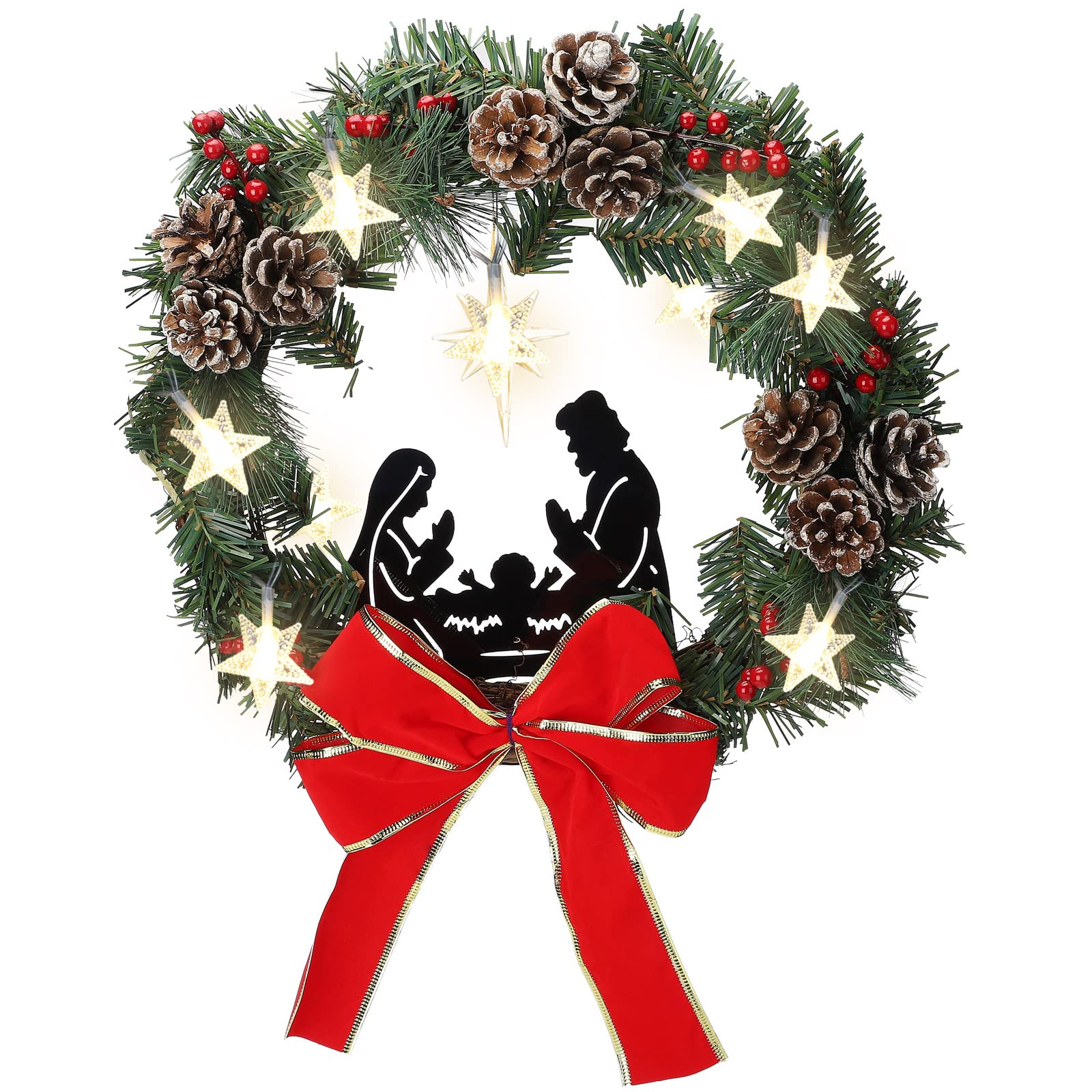 BFYDOAA Lighted Christmas Wreath Nativity Scene PVC Pine Needle Wreath W/Berry Pine Cones for Xmas Front Door Holy Family Decor
