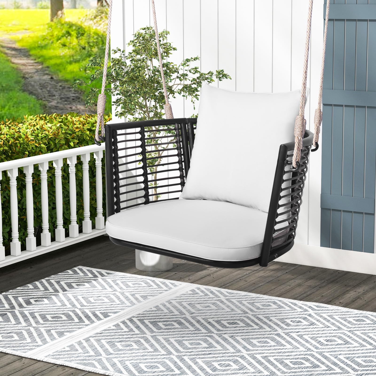 COSTWAY Altalena da Giardino in Rattan PE, con Cuscino (Bianco)