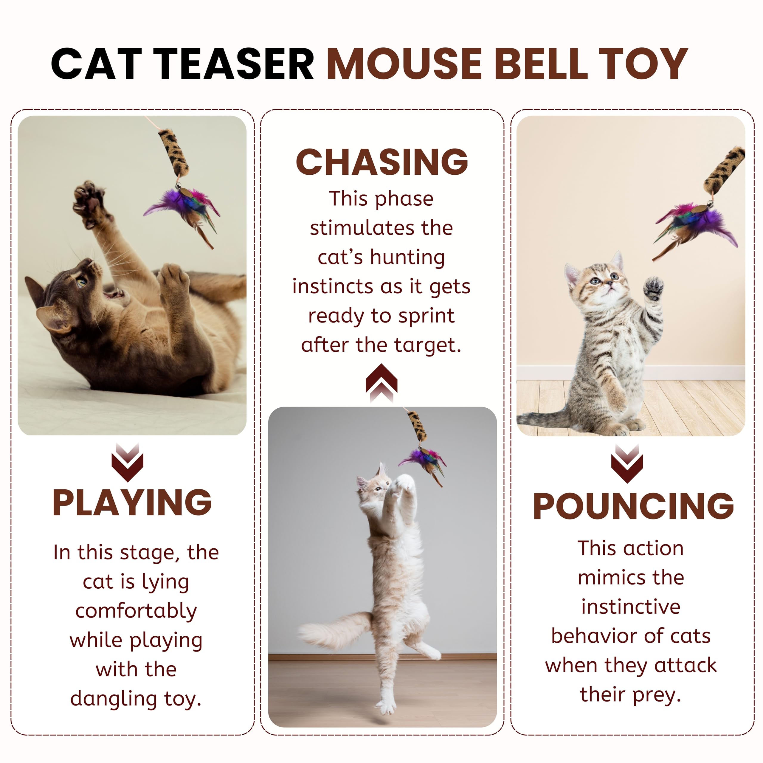 Foodie Puppies Interactive Wooden Teasing Stick with Funny Long Tassel - (Stripe Tail Teaser) | Teaser with Feather & Bell Suitable for Cats and Kittens | Indoor, Outdoor, Play & Exercise (Size: 41cm) 3