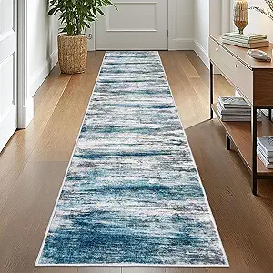 KOZYFLY Modern Abstract Kitchen Runner Rug, 2x10 Washable Rug Runner Non-Slip Soft Striped Hallway Runner Rugs, Light Blue Print Distressed Carpet Runner for Entryway Bathroom Laundry Room Foyer