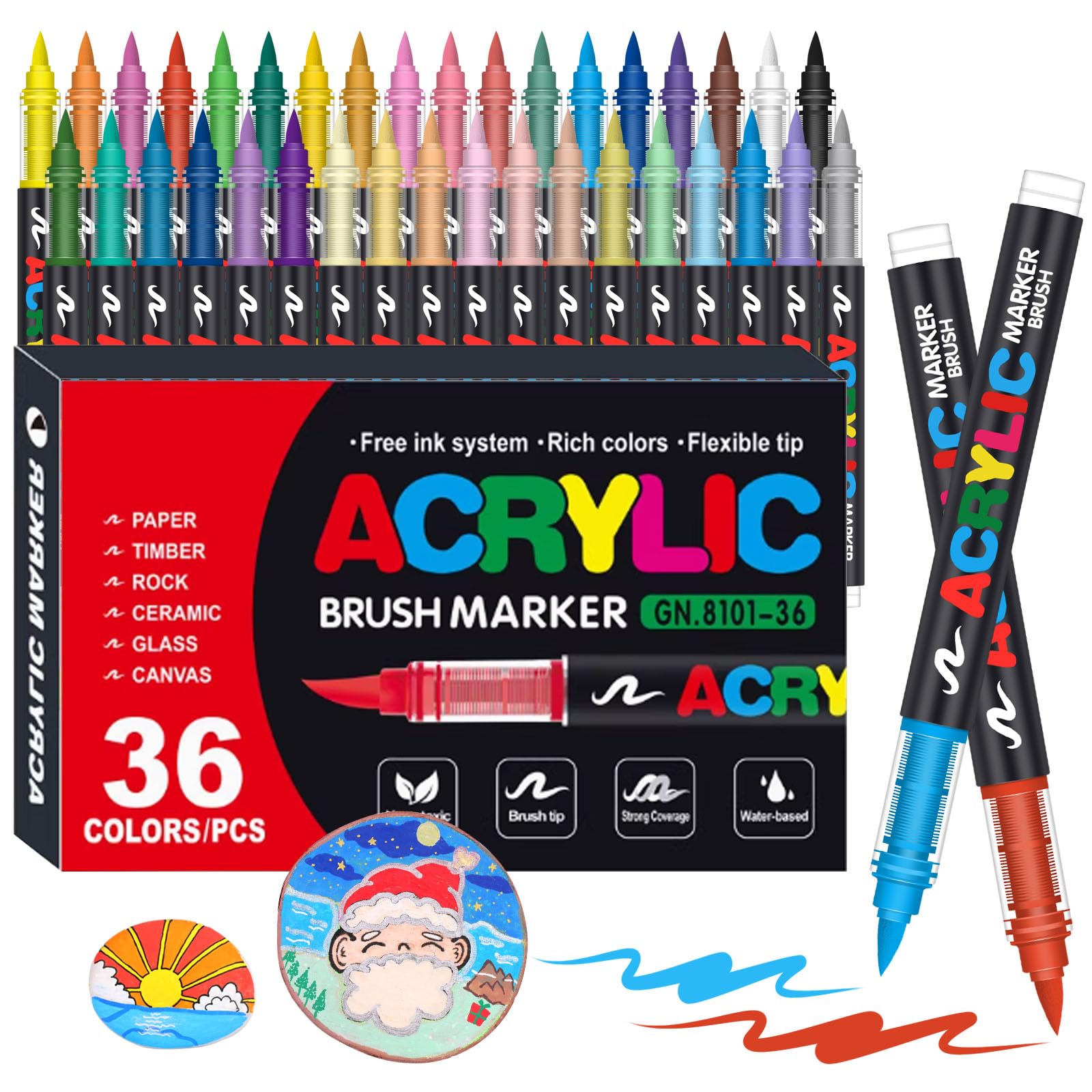 Laconile 36 Colours of Acrylic Markers for Stones, Waterproof, Acrylic Markers with Brush Tip, Paint Markers Ideal for Painting Stones, Porcelain, Glass, Canvas, Ceramics Global Recycled Standard Global Recycled Standard Global Recycled Standard