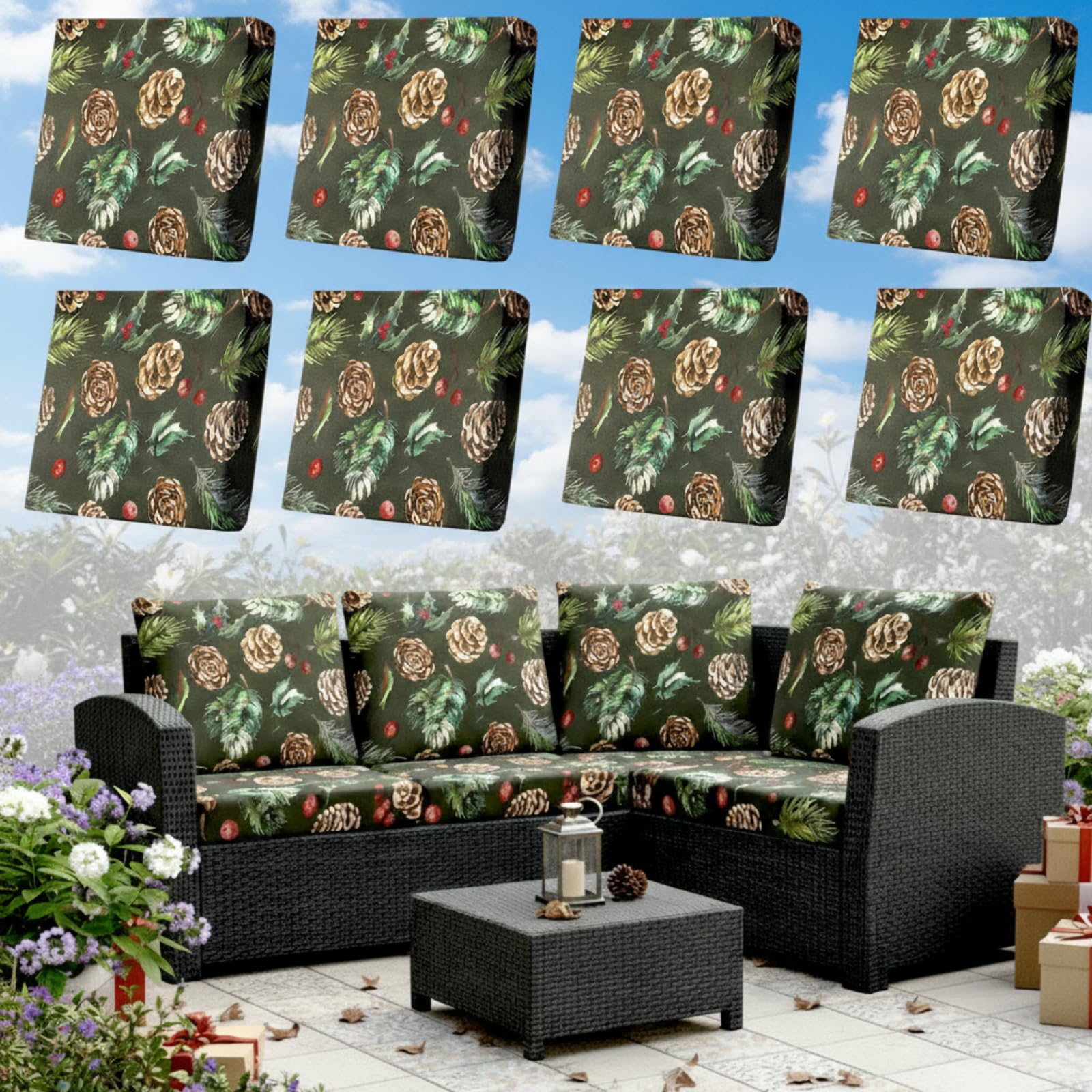 8 Pcs Christmas Cushion Covers Patio Stretch Outdoor Cushion Cover Farmhouse Classic Decorative Replacement Furniture Sofa Couch Slipcover Seat Protector, Home Decor(Christmas Black)