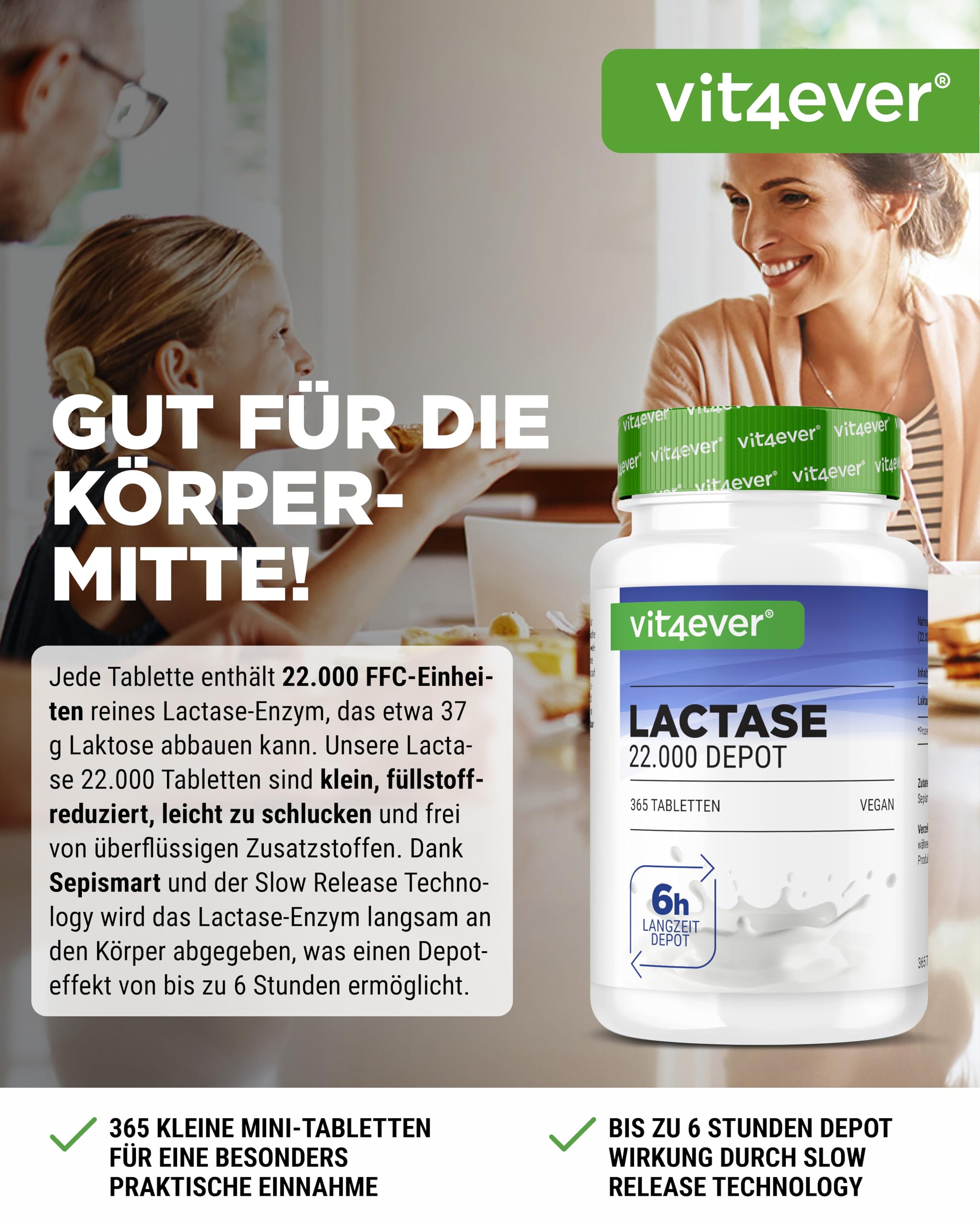 vit4ever Laktase 22.000 FCC Depot - 365 Tabletten - Sepismart® Slow Release | Hochdosiert mit 22.000 FCC-Einheiten - Bei Laktoseintoleranz + Milchunverträglichkeit, Vegan